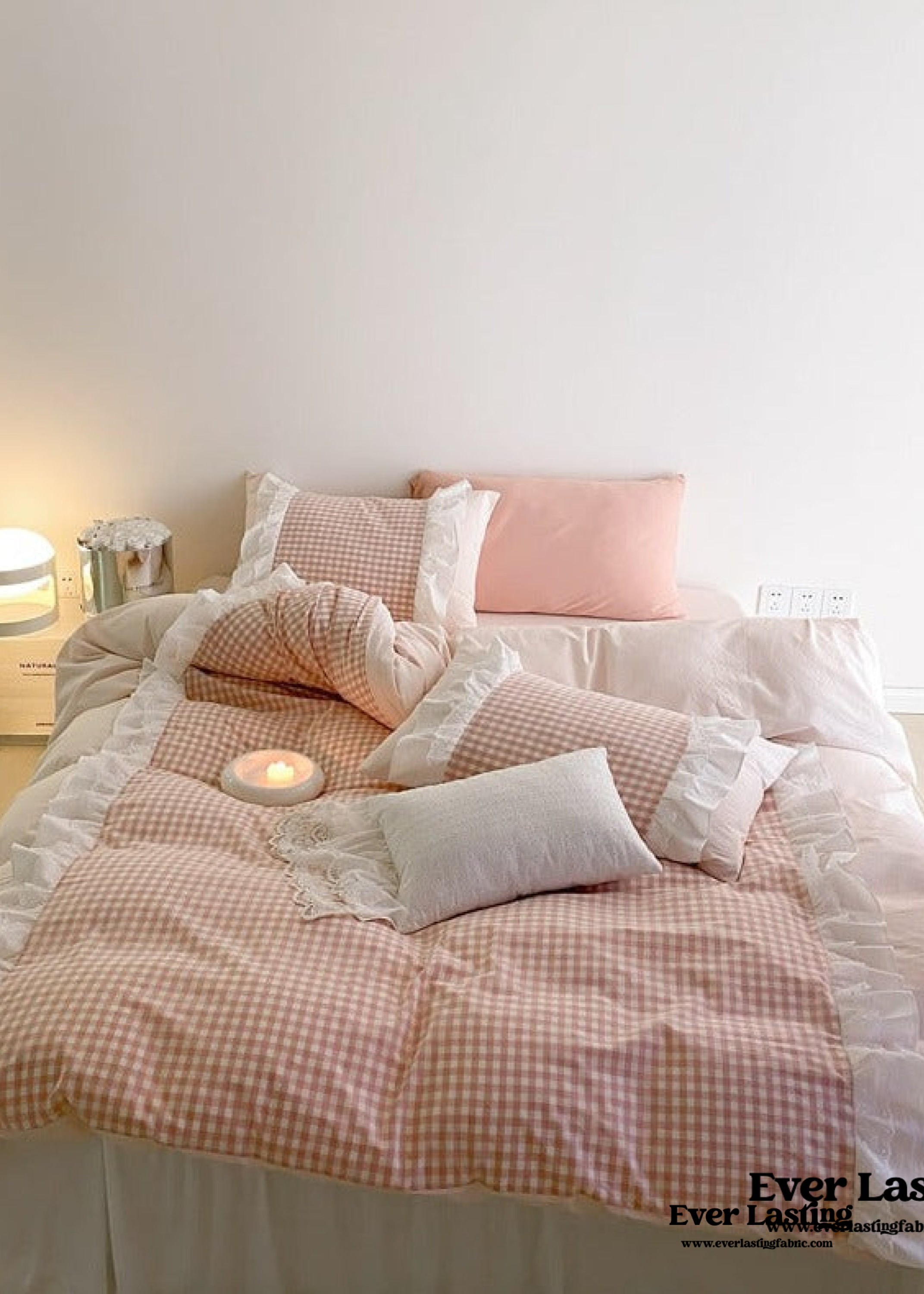 Candy Lace Gingham Ruffle Bedding Set - Pink