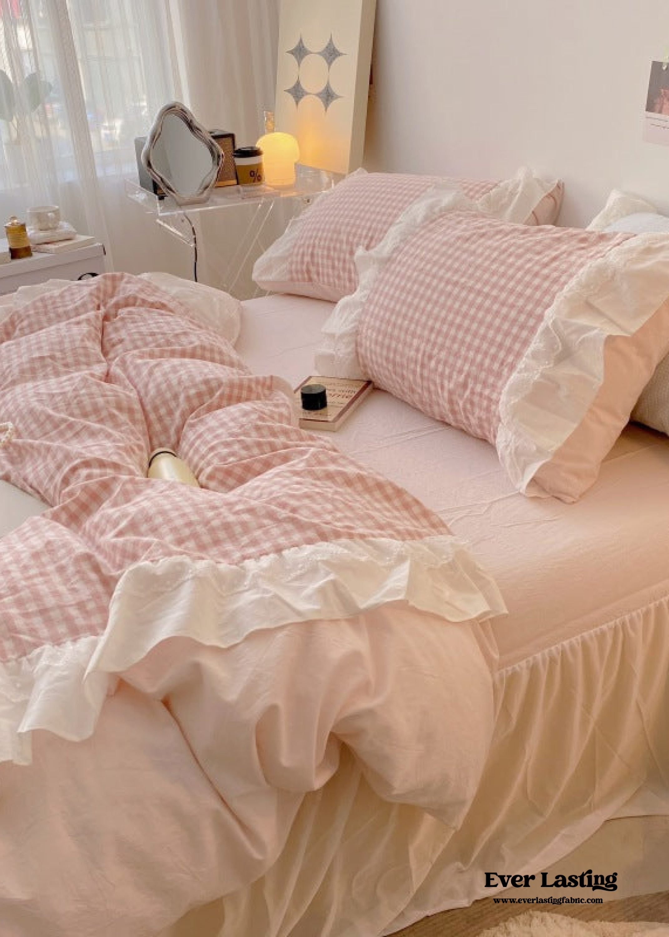 Candy Lace Gingham Ruffle Bedding Set - Pink
