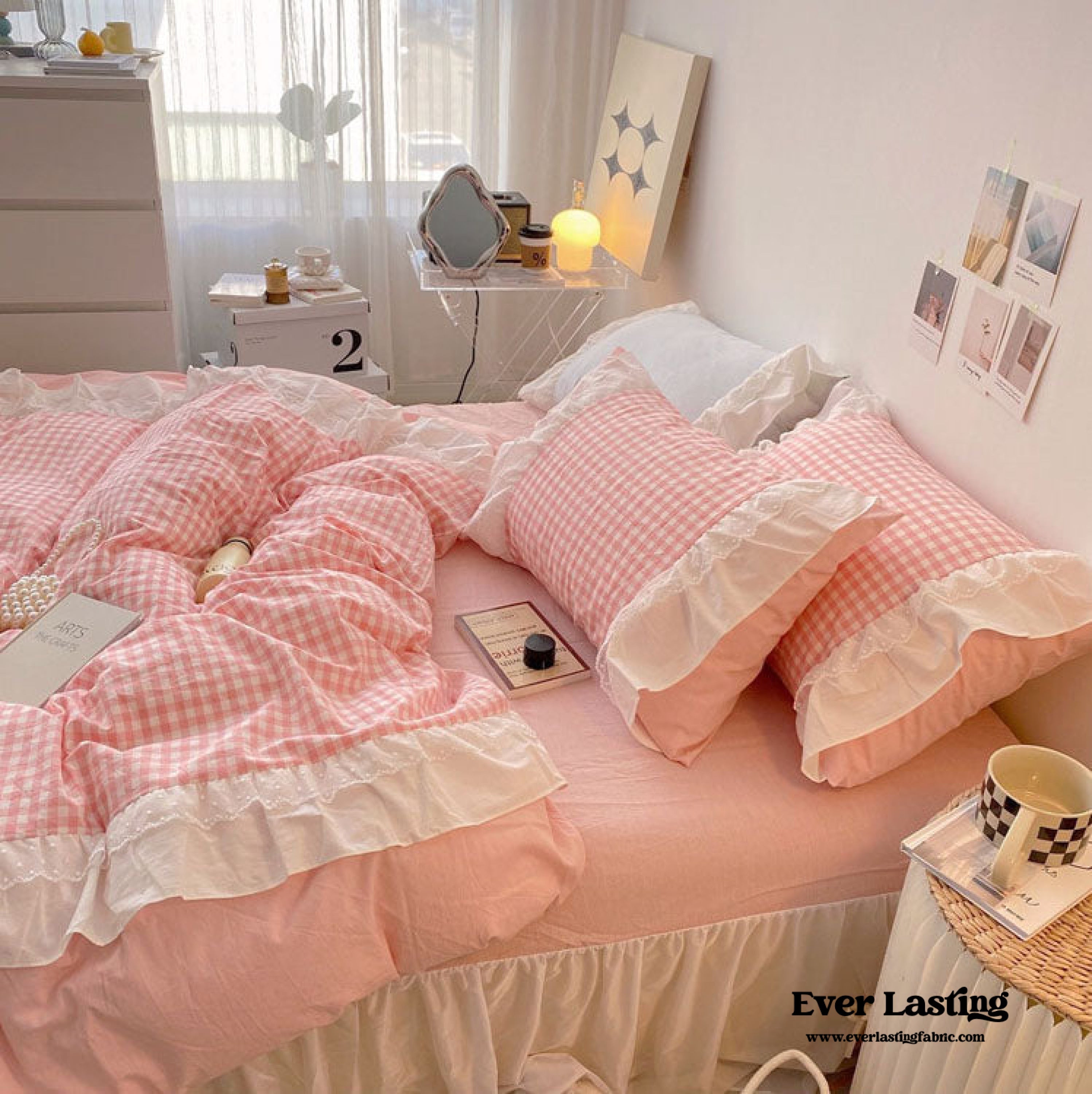Candy Lace Gingham Ruffle Bedding Set - Pink