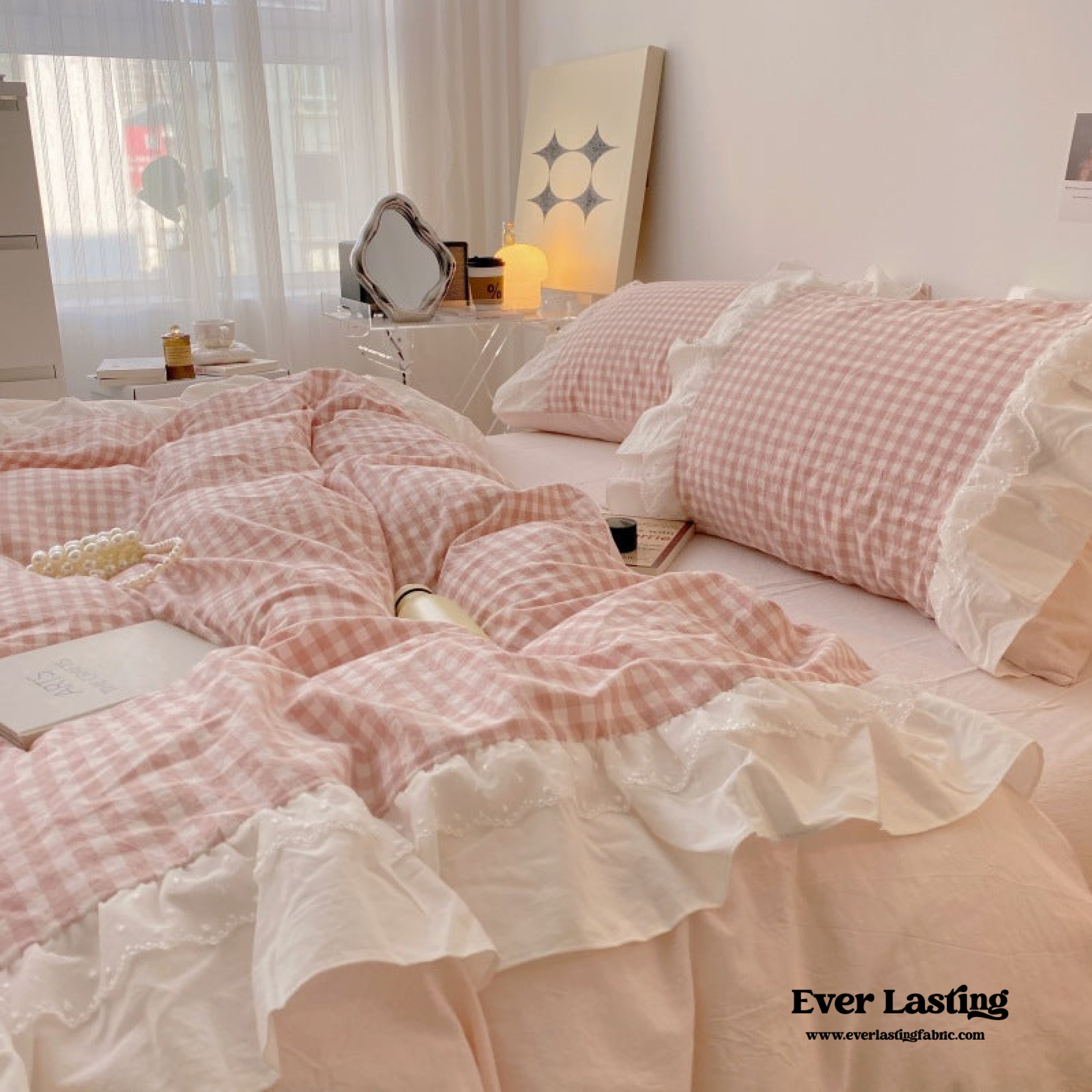 Candy Lace Gingham Ruffle Bedding Set - Pink