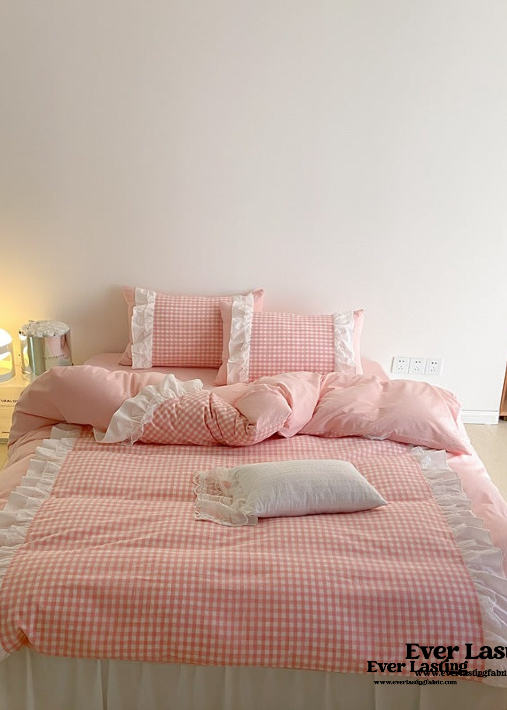 Candy Lace Gingham Ruffle Bedding Set - Pink