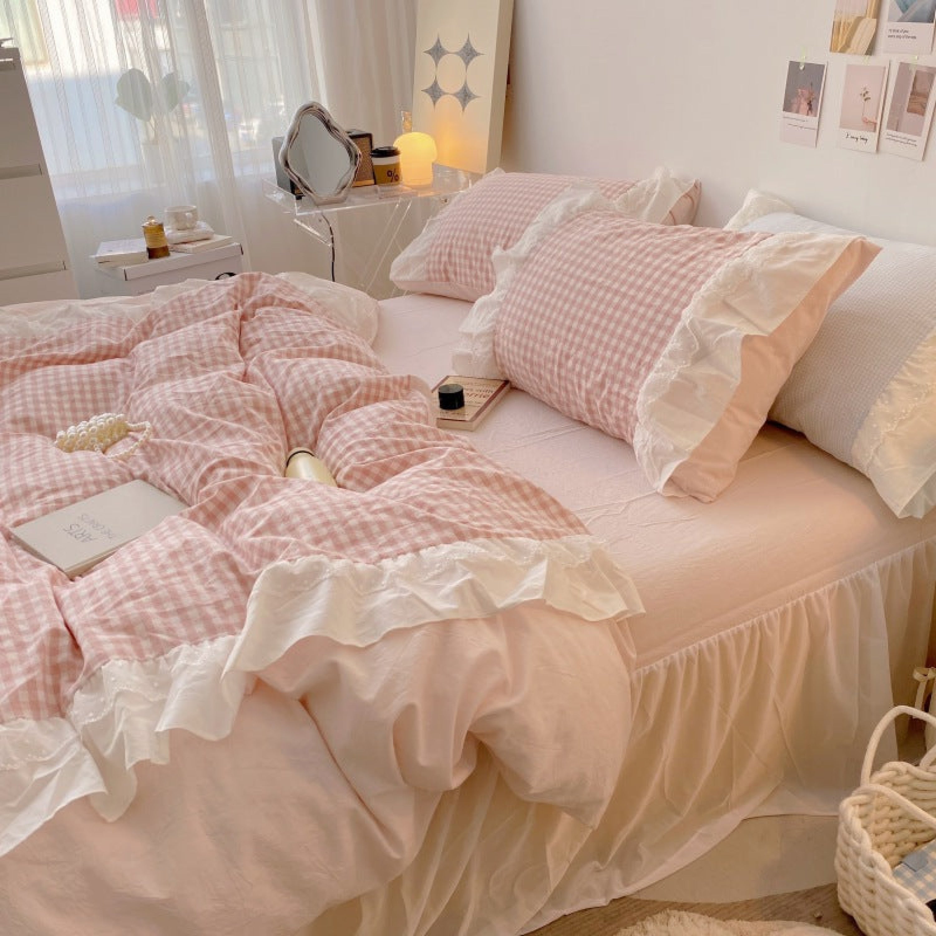 Candy Lace Gingham Ruffle Bedding Set - Pink