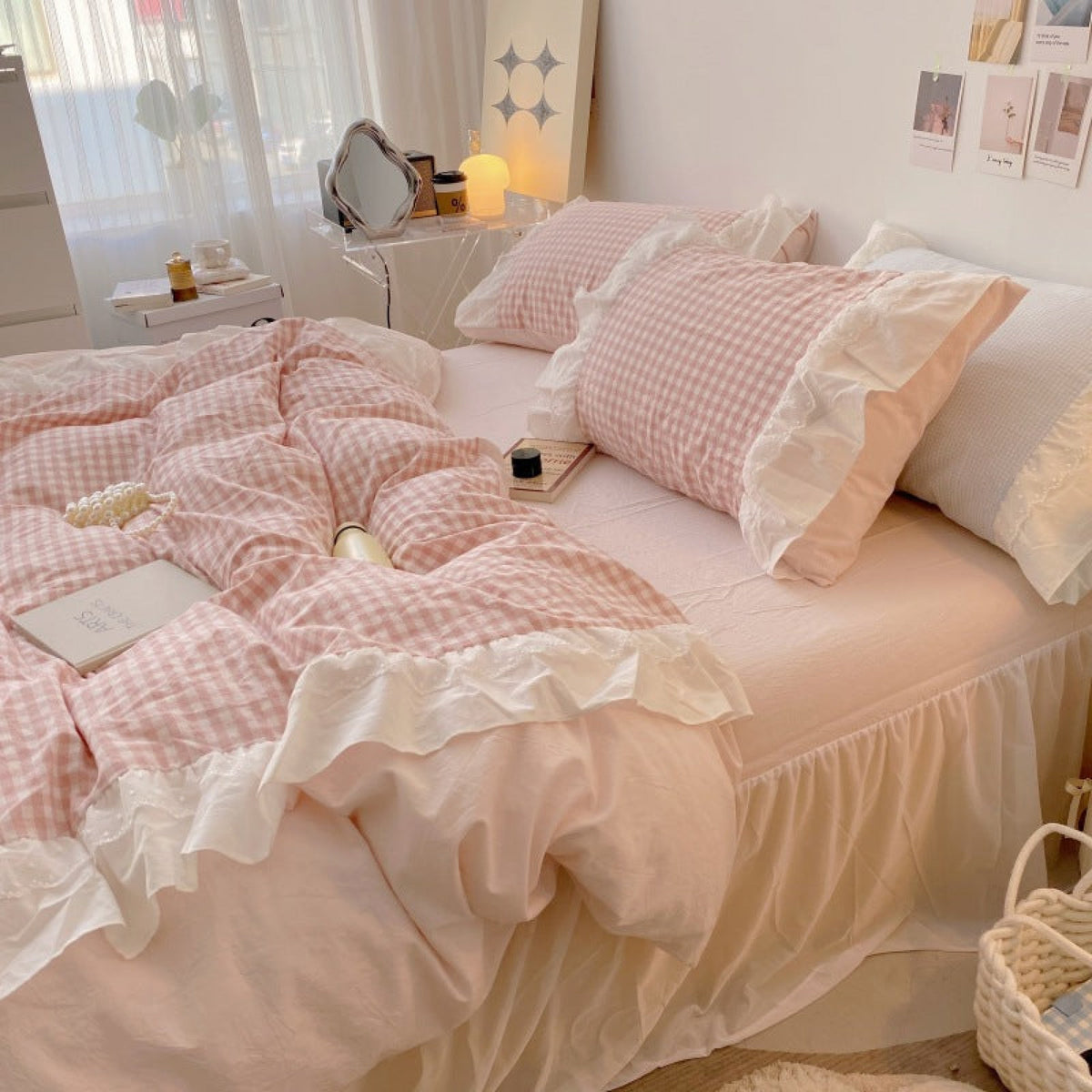 Candy Lace Gingham Ruffle Bedding Set - Pink