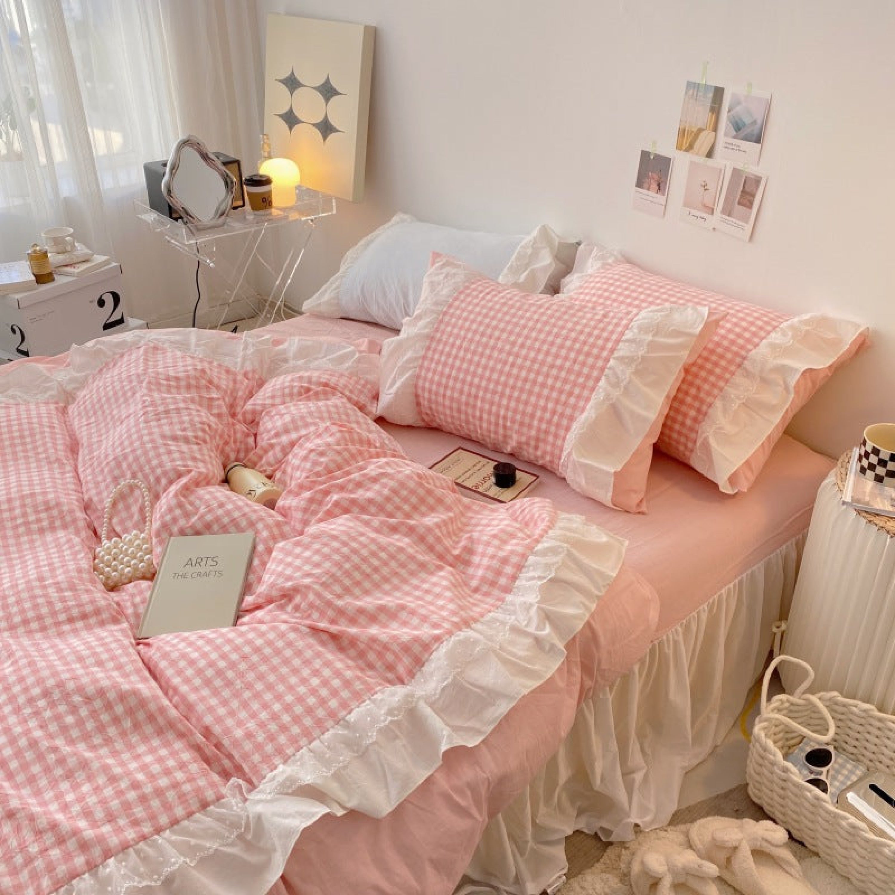 Candy Lace Gingham Ruffle Bedding Set - Pink
