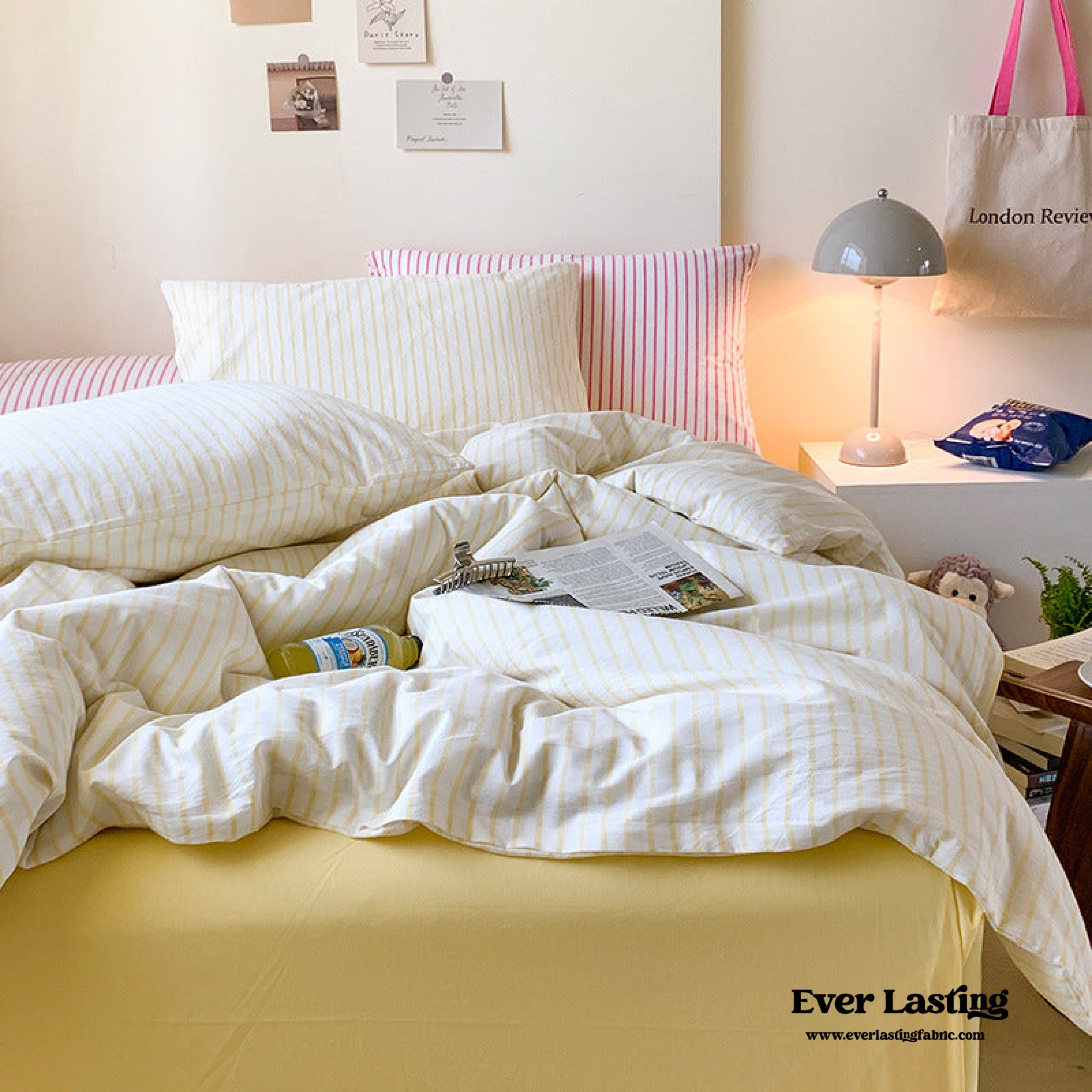 Candy Stripe Washed Cotton Bedding Set - Pink