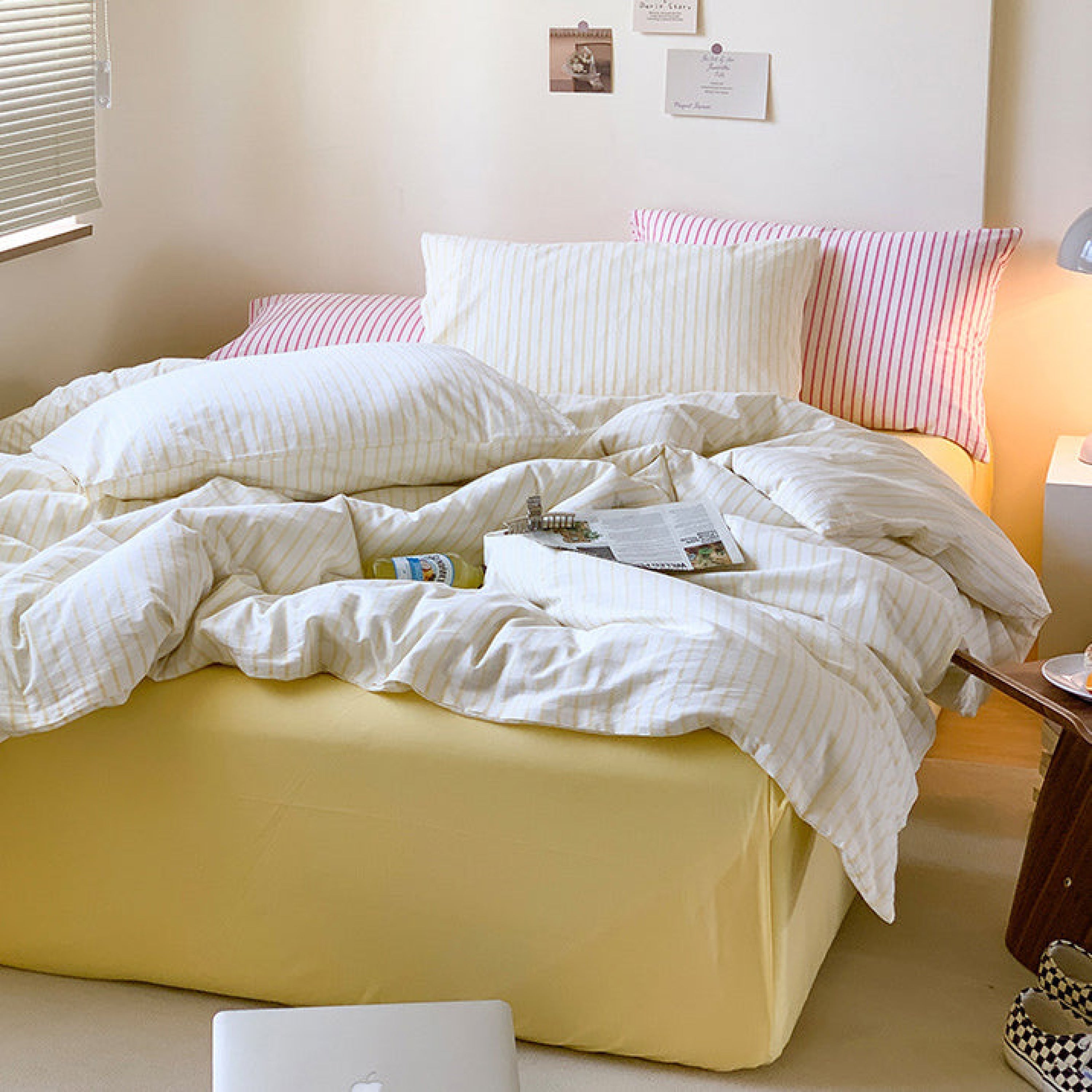 Candy Stripe Washed Cotton Bedding Set - Pink