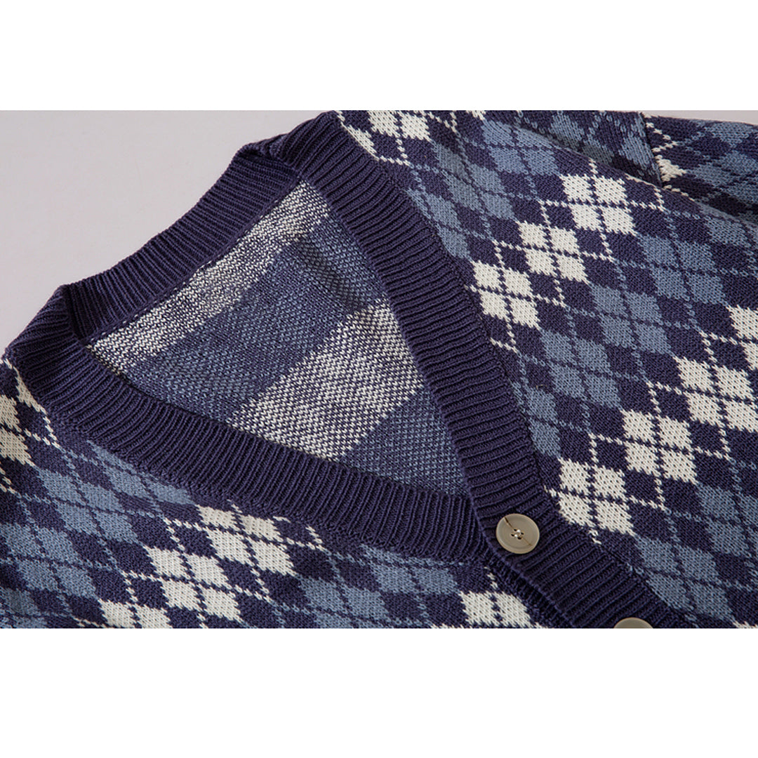 Vintage Argyle V-neck Knitted Cardigan
