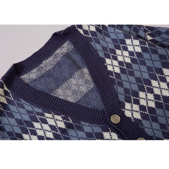 Vintage Argyle V-neck Knitted Cardigan