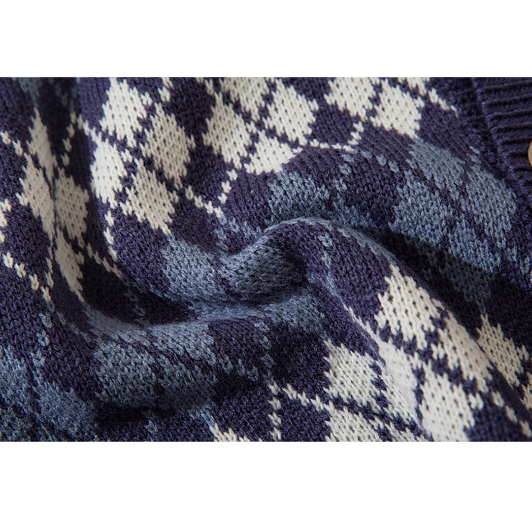 Vintage Argyle V-neck Knitted Cardigan