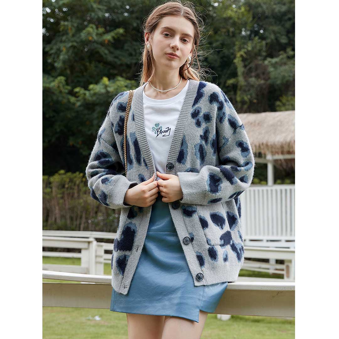 Blue Leopard Cardigan Sweater