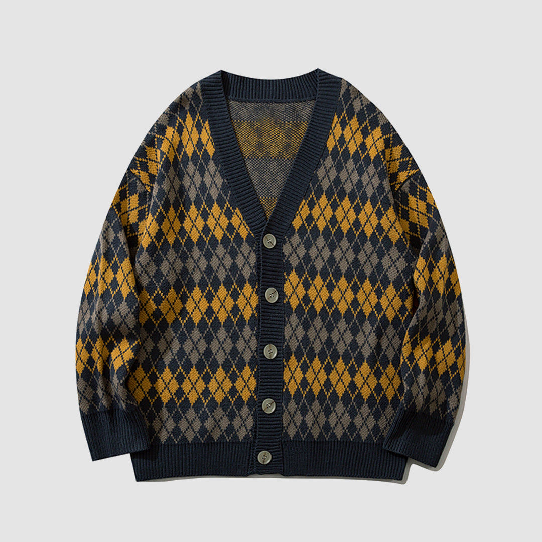 Vintage Argyle V-neck Knitted Cardigan