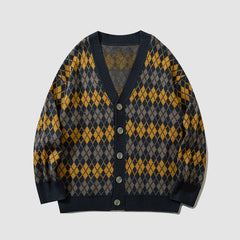 Vintage Argyle V-neck Knitted Cardigan