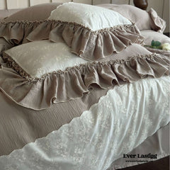 Celeste Soft Lace Embroidered Ruffle Bedding Set  - Coffee Brown