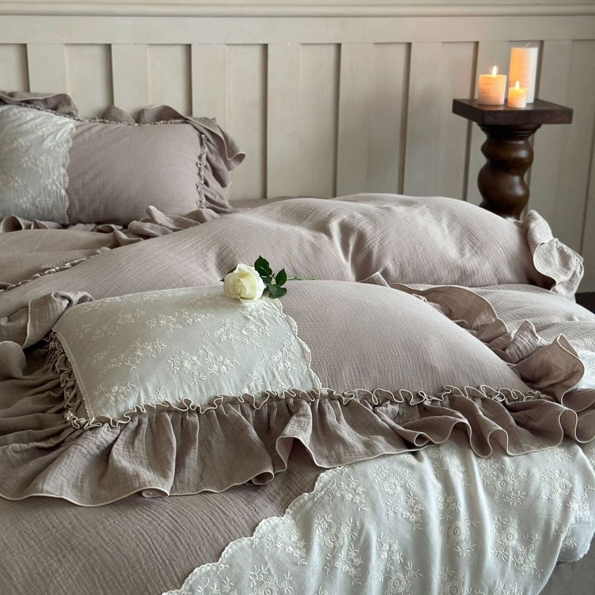 Celeste Soft Lace Embroidered Ruffle Bedding Set  - Coffee Brown