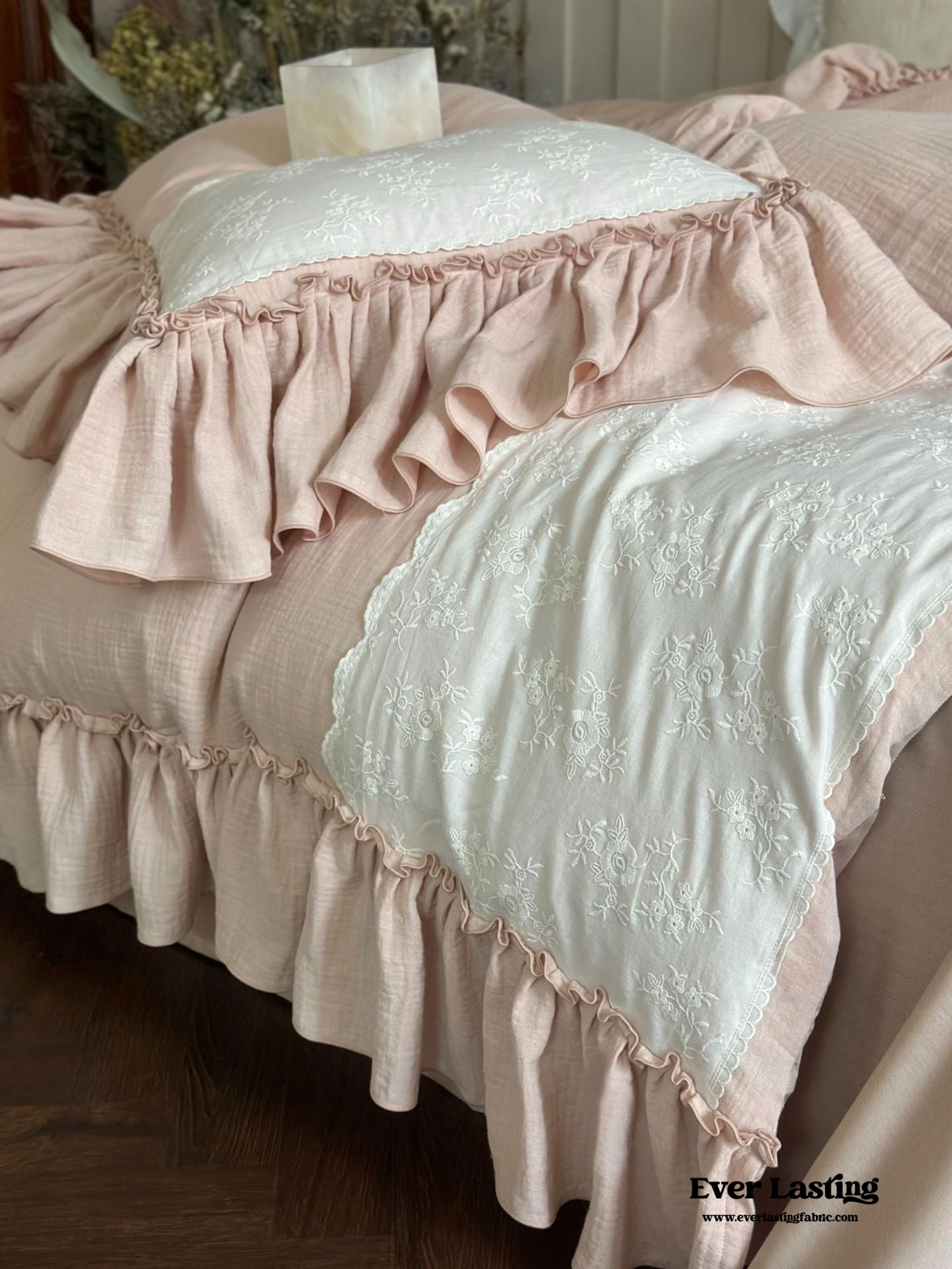 Celeste Soft Lace Embroidered Ruffle Bedding Set - Pink