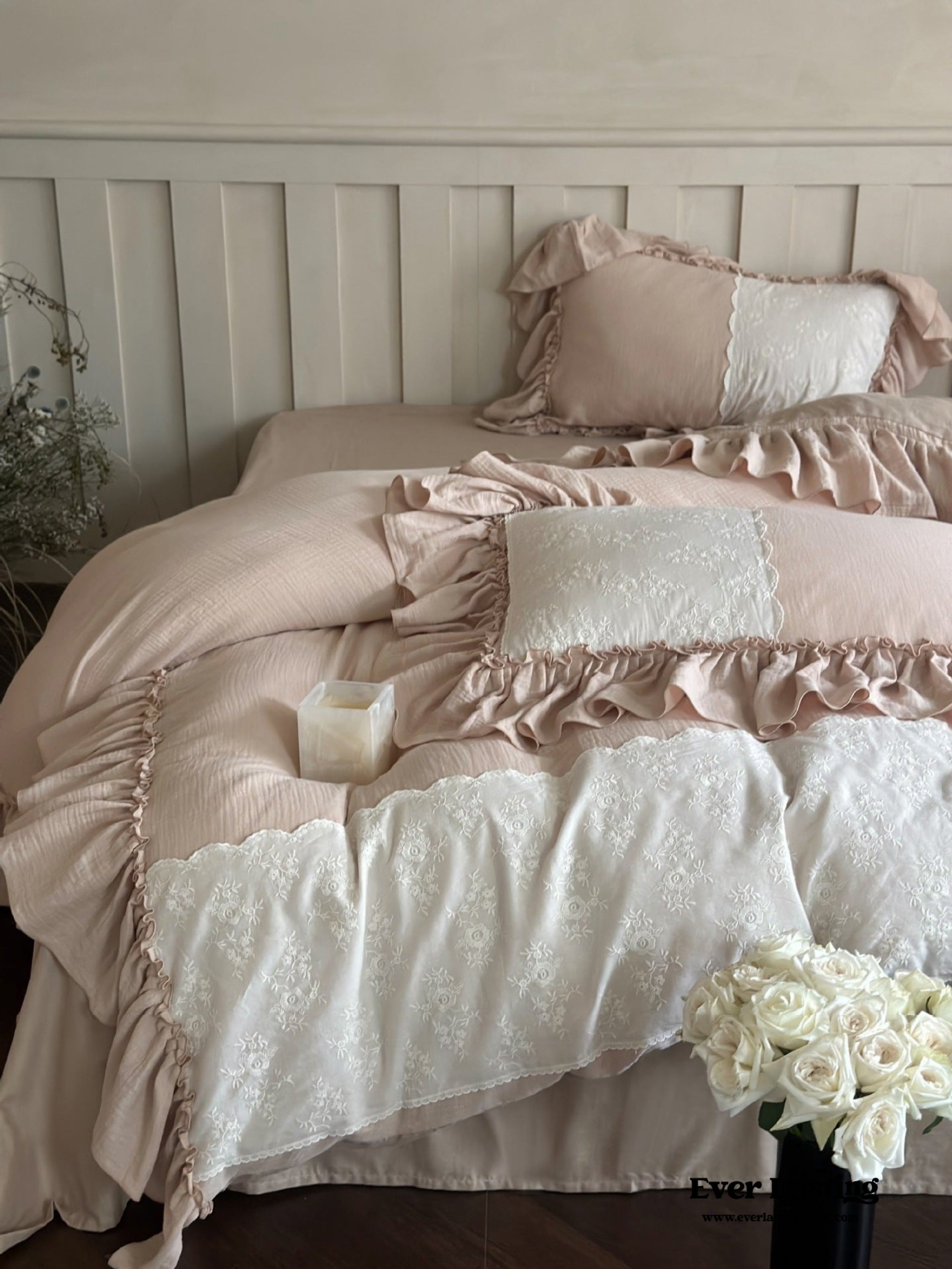 Celeste Soft Lace Embroidered Ruffle Bedding Set - Pink