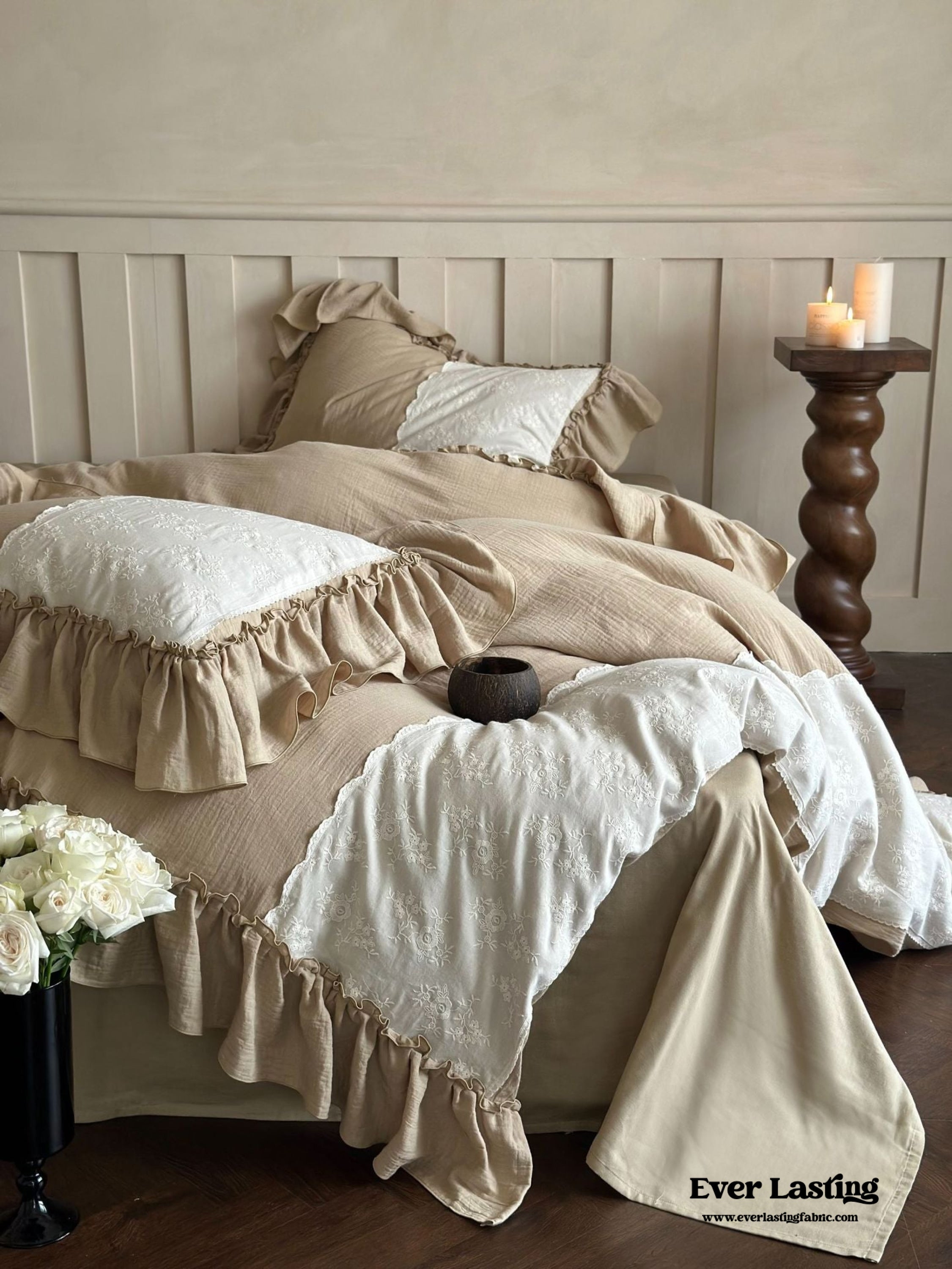 Celeste Soft Lace Embroidered Ruffle Bedding Set - Pink