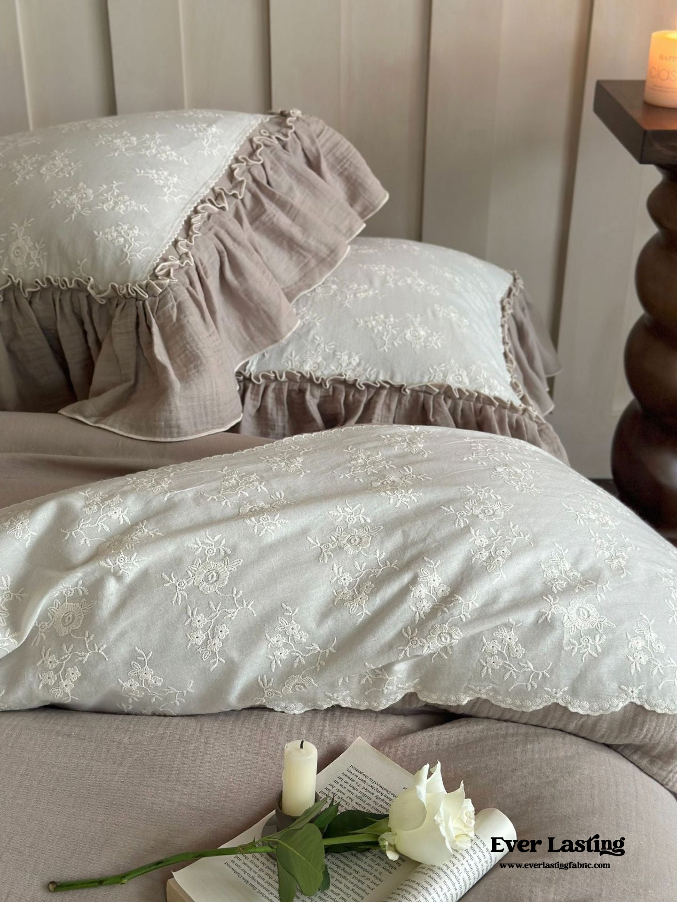 Celeste Soft Lace Embroidered Ruffle Bedding Set - Pink
