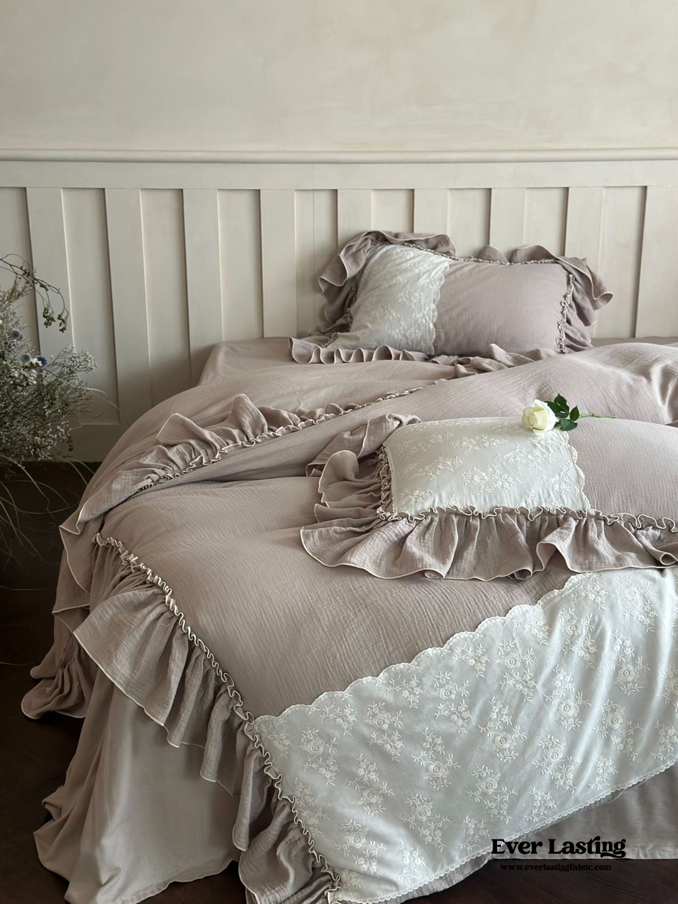 Celeste Soft Lace Embroidered Ruffle Bedding Set - Pink