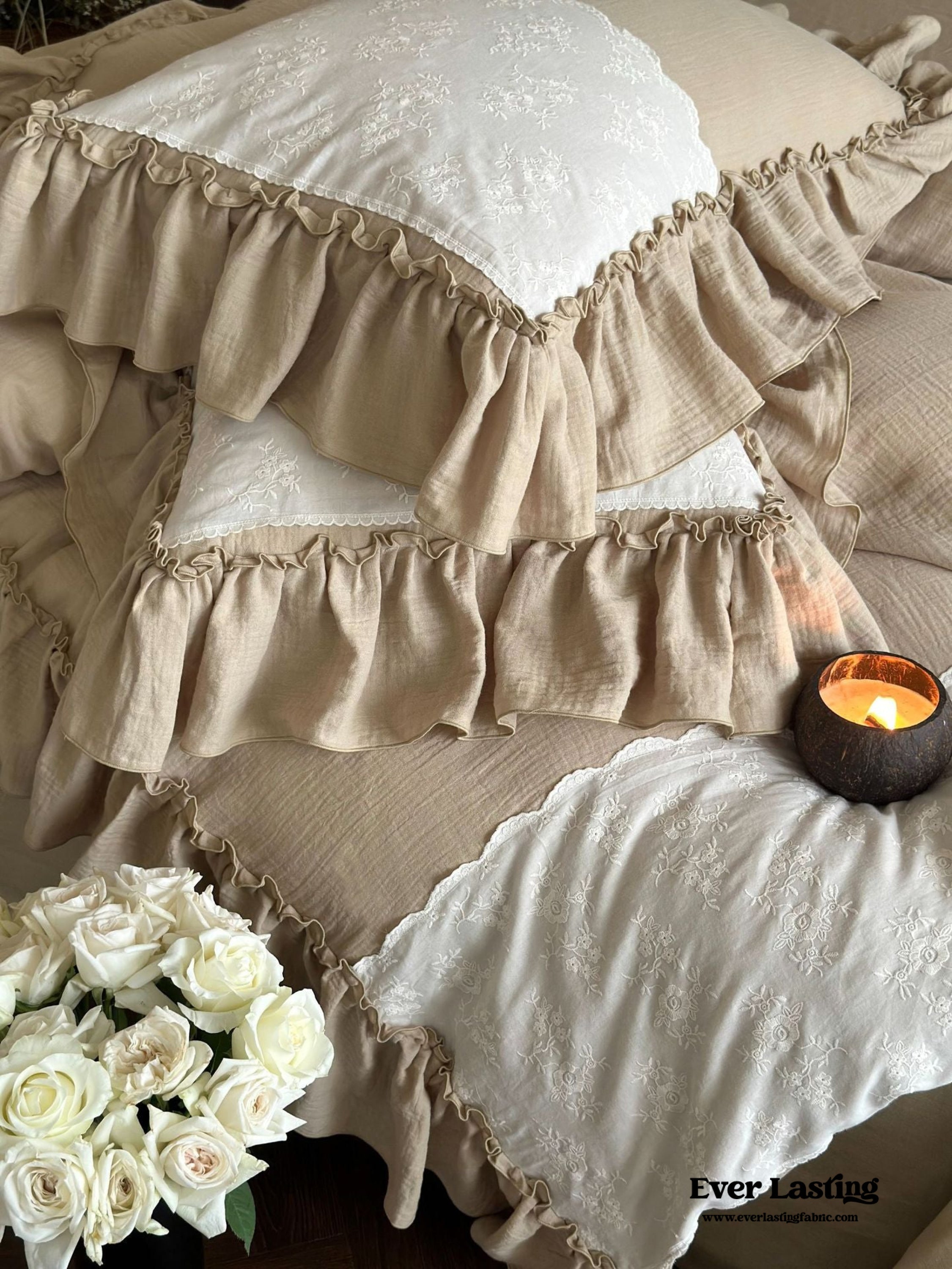 Celeste Soft Lace Embroidered Ruffle Bedding Set - Pink