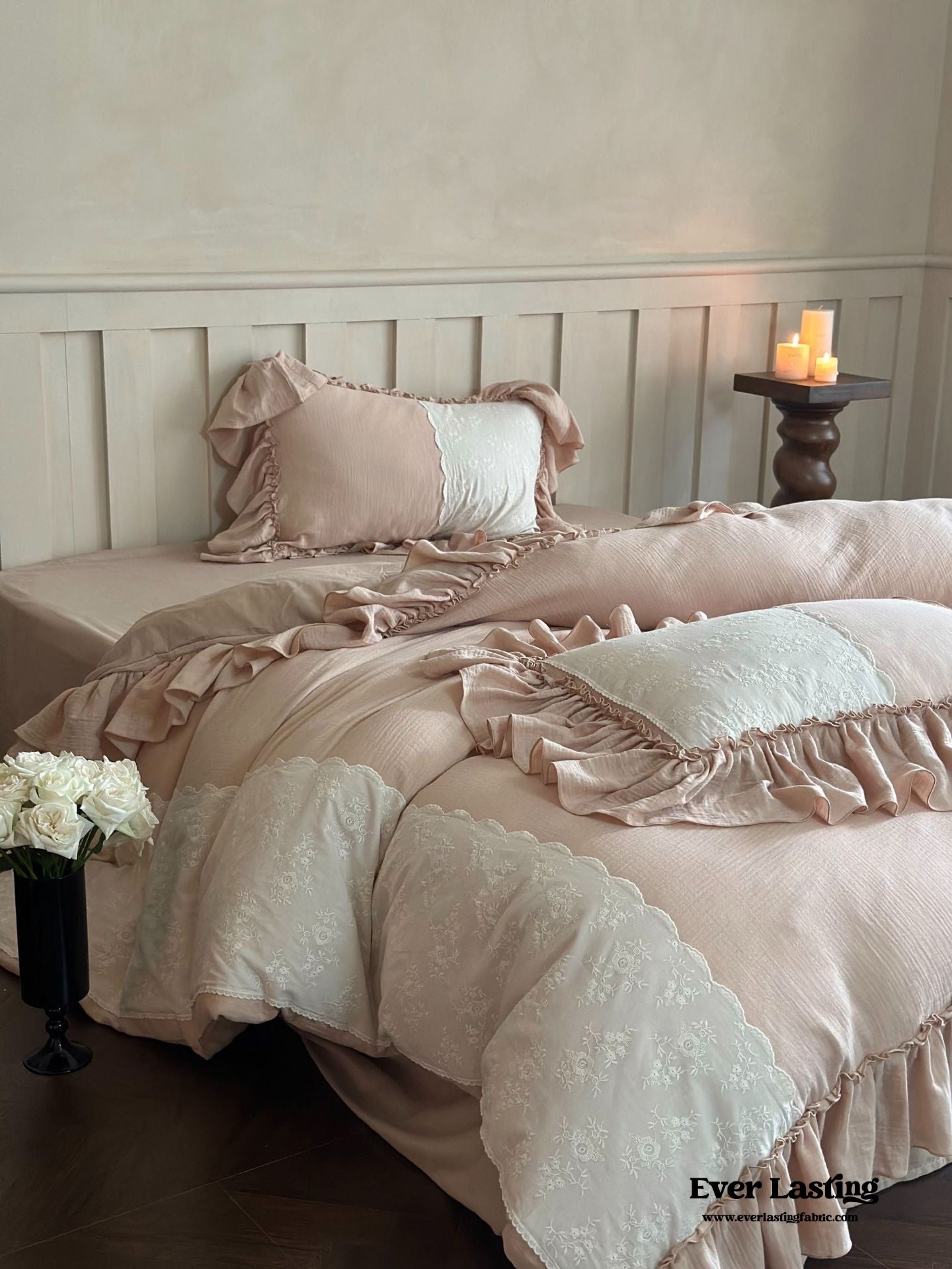 Celeste Soft Lace Embroidered Ruffle Bedding Set - Pink