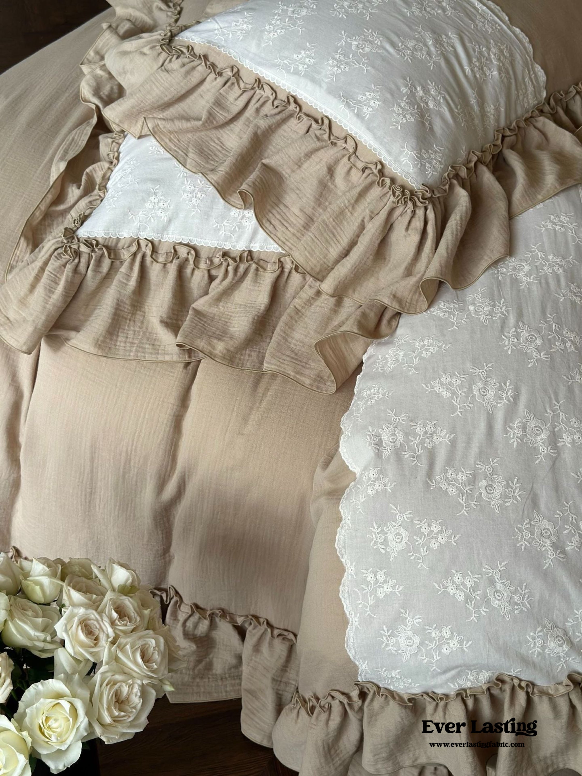Celeste Soft Lace Embroidered Ruffle Bedding Set - Pink