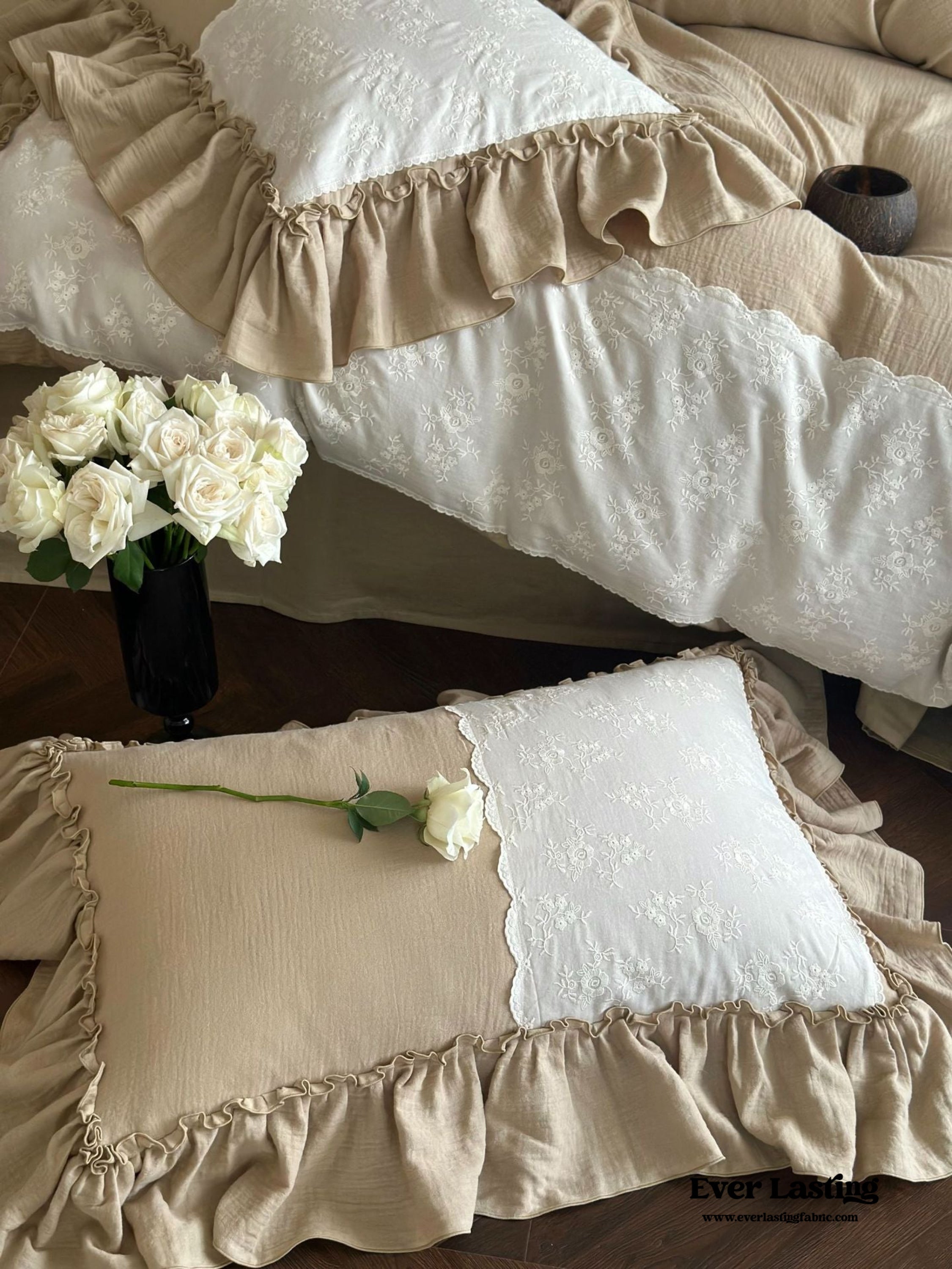 Celeste Soft Lace Embroidered Ruffle Bedding Set - Pink