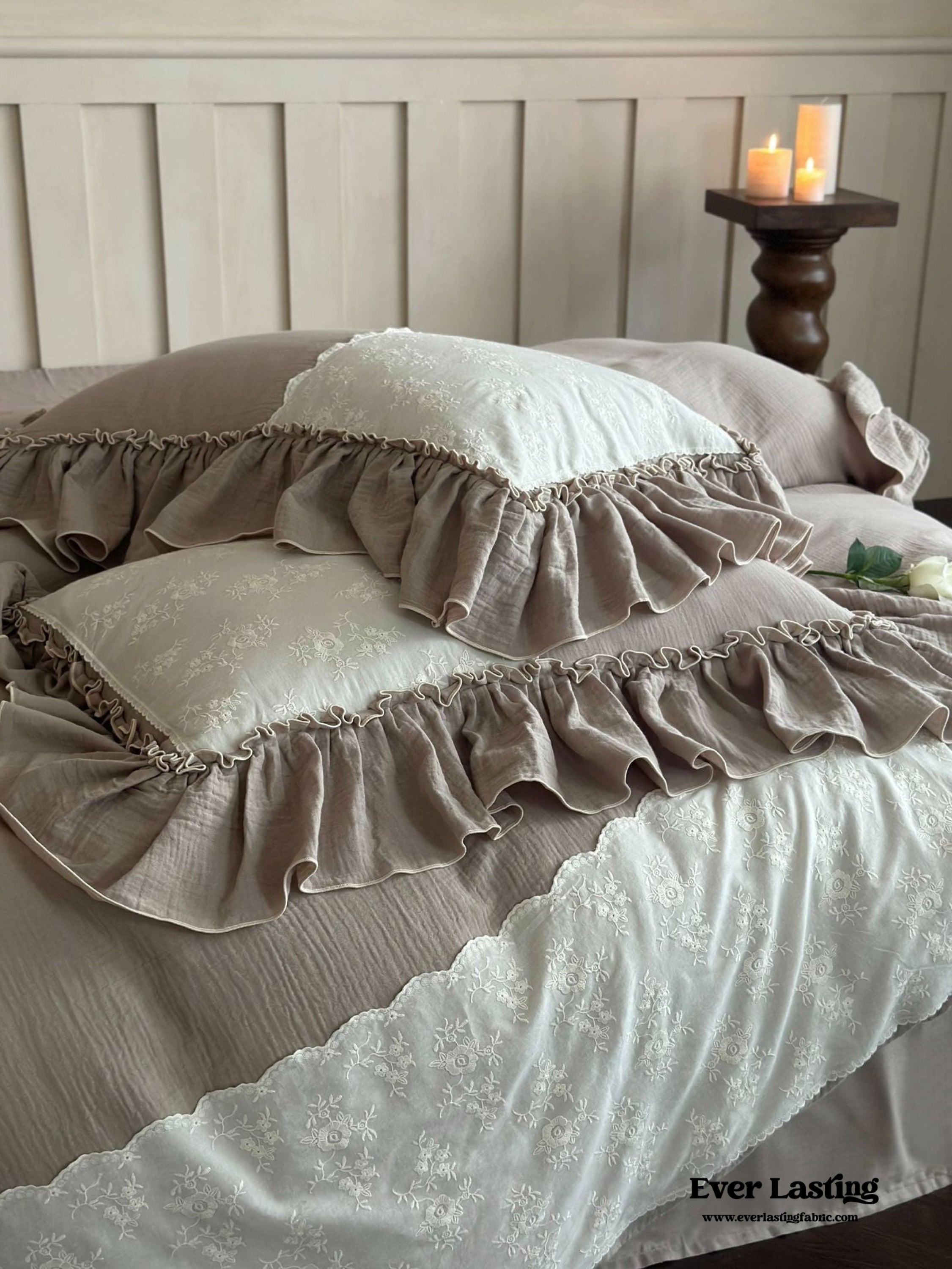 Celeste Soft Lace Embroidered Ruffle Bedding Set - Pink