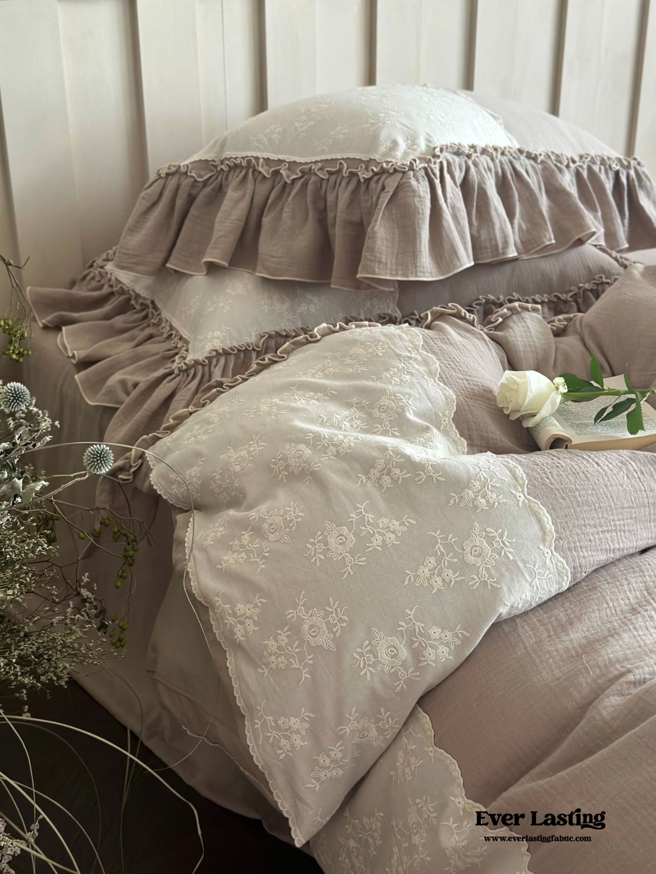 Celeste Soft Lace Embroidered Ruffle Bedding Set - Pink