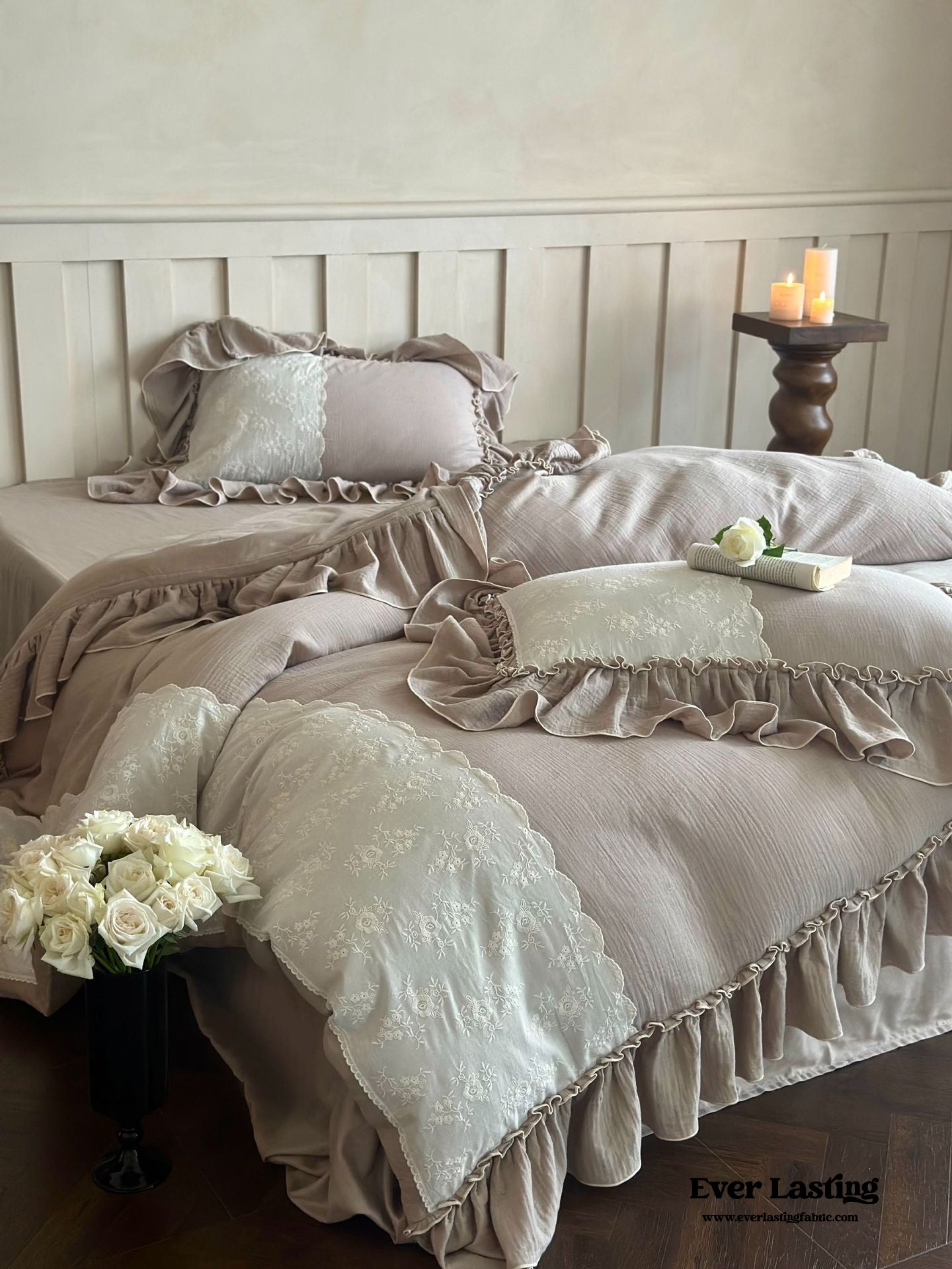 Celeste Soft Lace Embroidered Ruffle Bedding Set - Pink