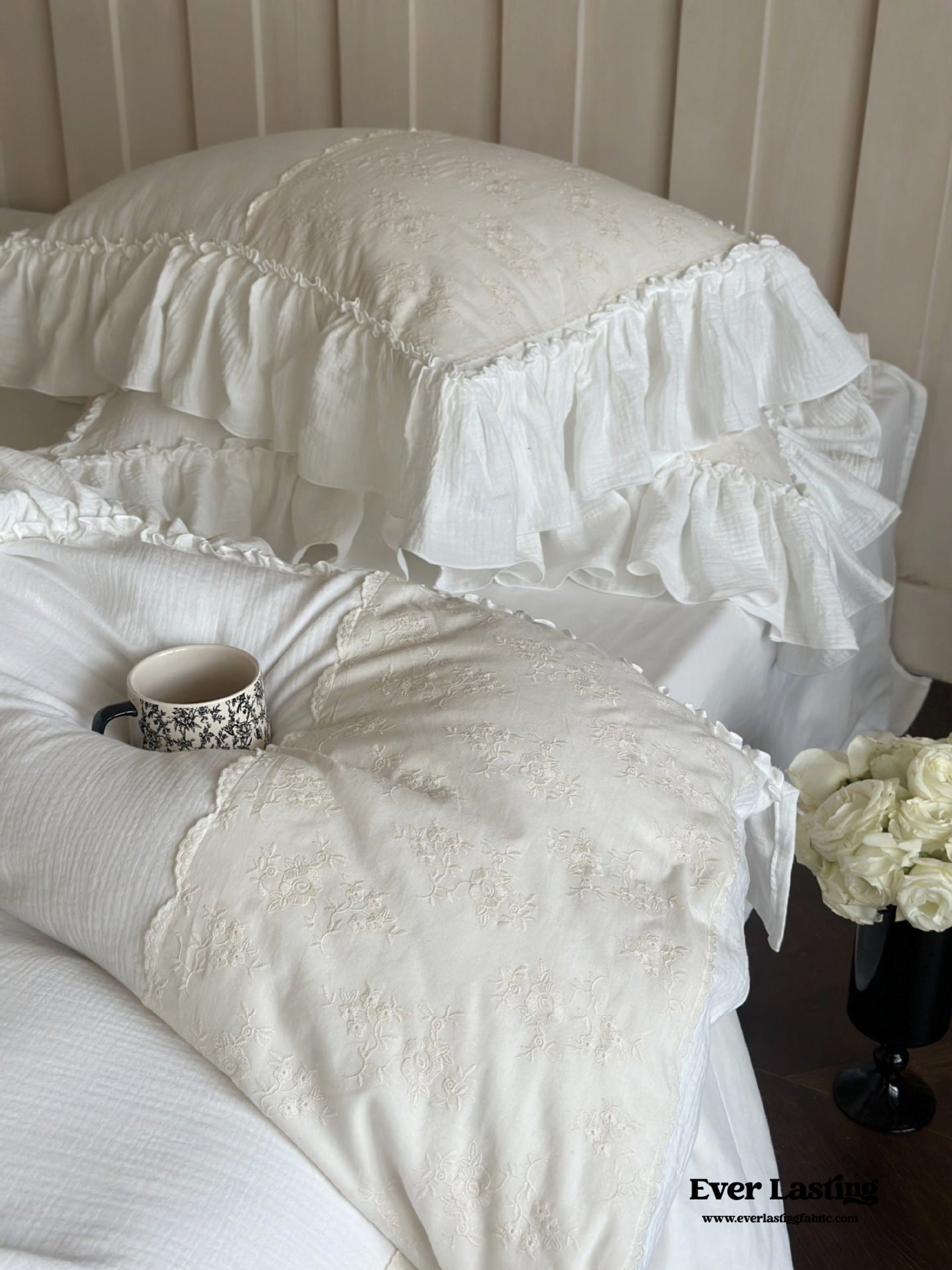 Celeste Soft Lace Embroidered Ruffle Bedding Set - Pink