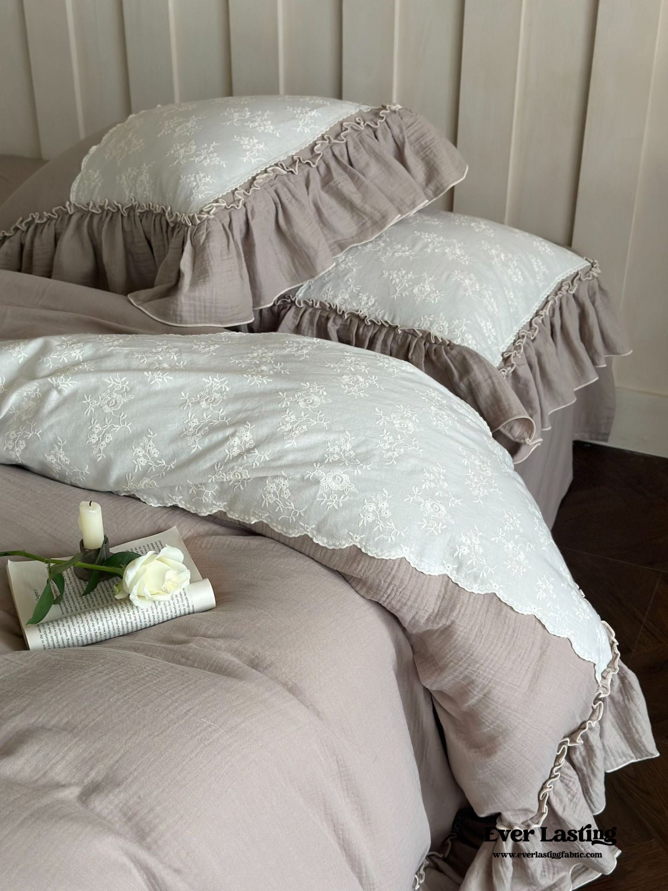 Celeste Soft Lace Embroidered Ruffle Bedding Set - Pink