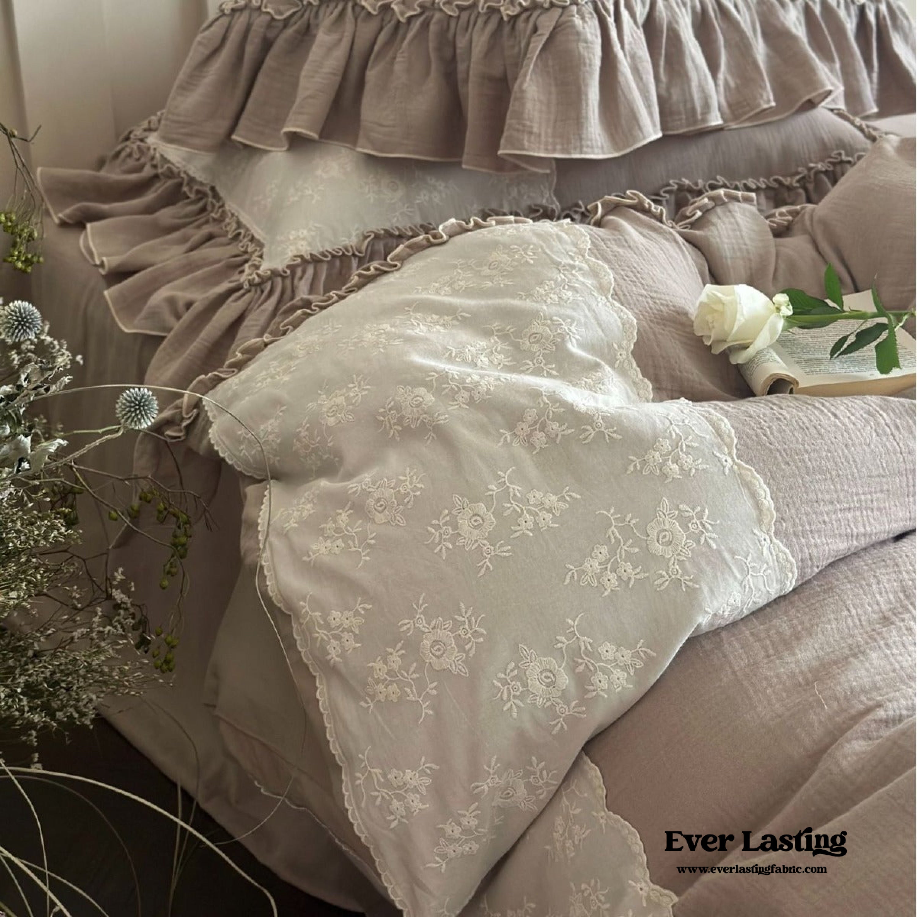 Celeste Soft Lace Embroidered Ruffle Bedding Set - Pink