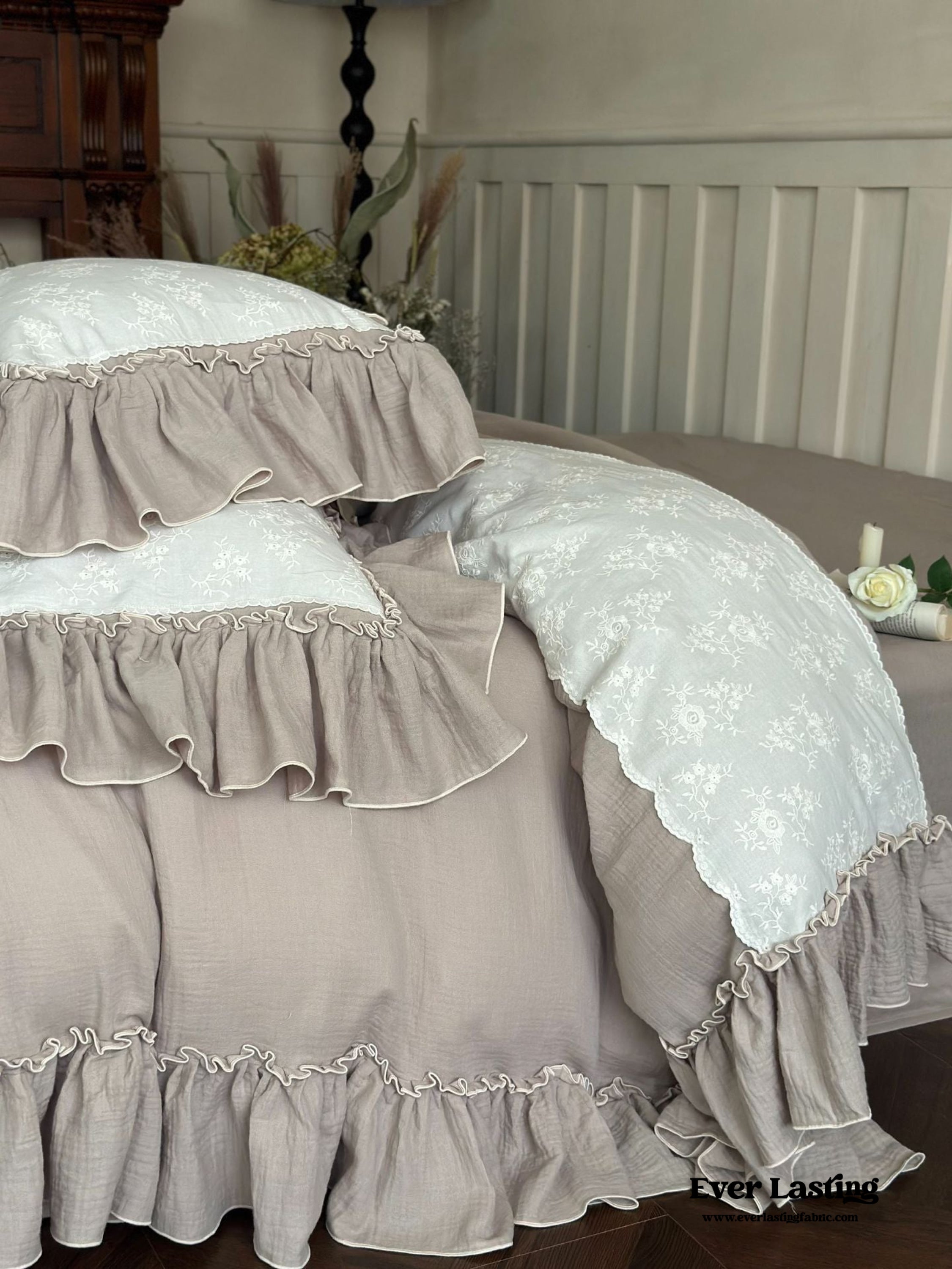 Celeste Soft Lace Embroidered Ruffle Bedding Set - Pink