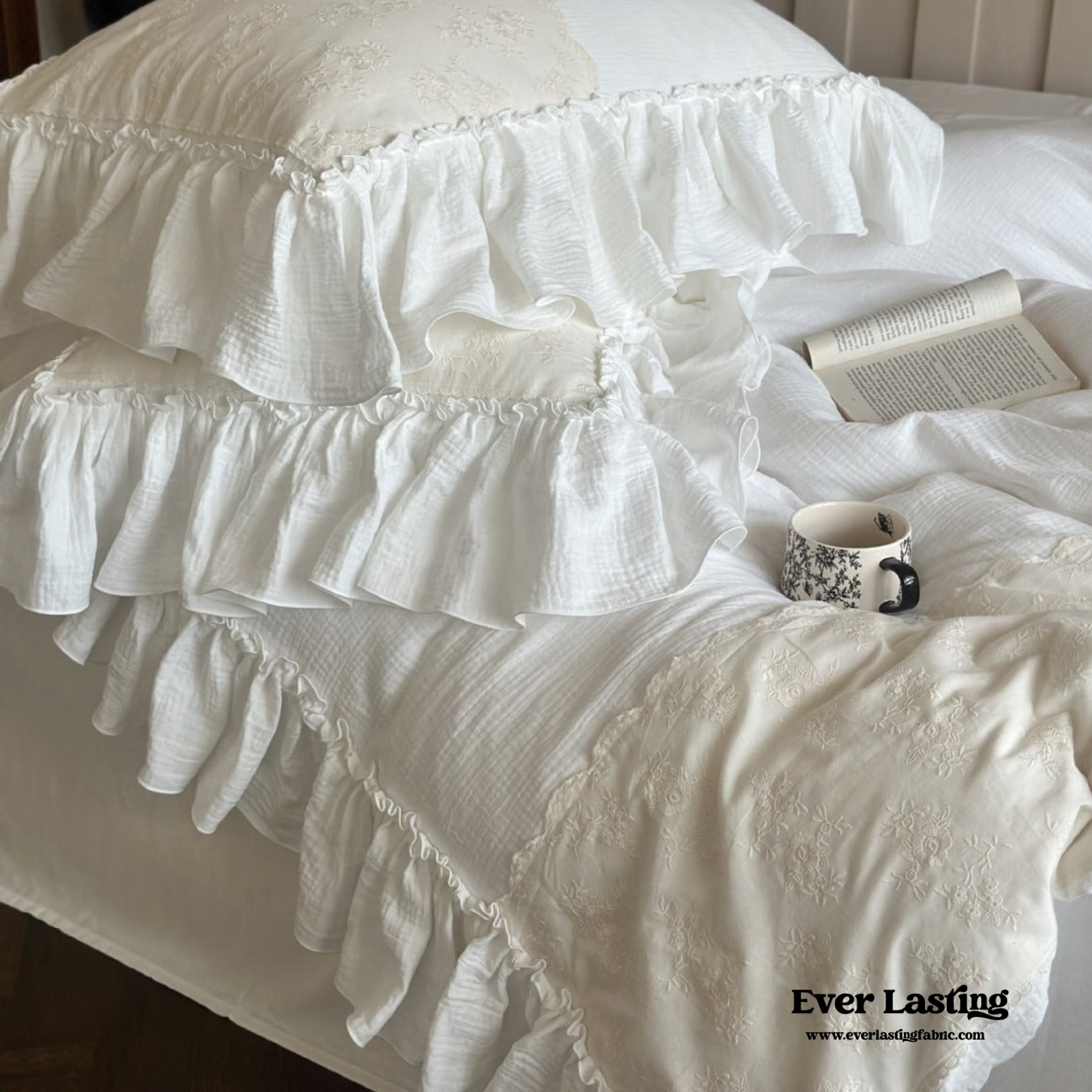 Celeste Soft Lace Embroidered Ruffle Bedding Set - Pink