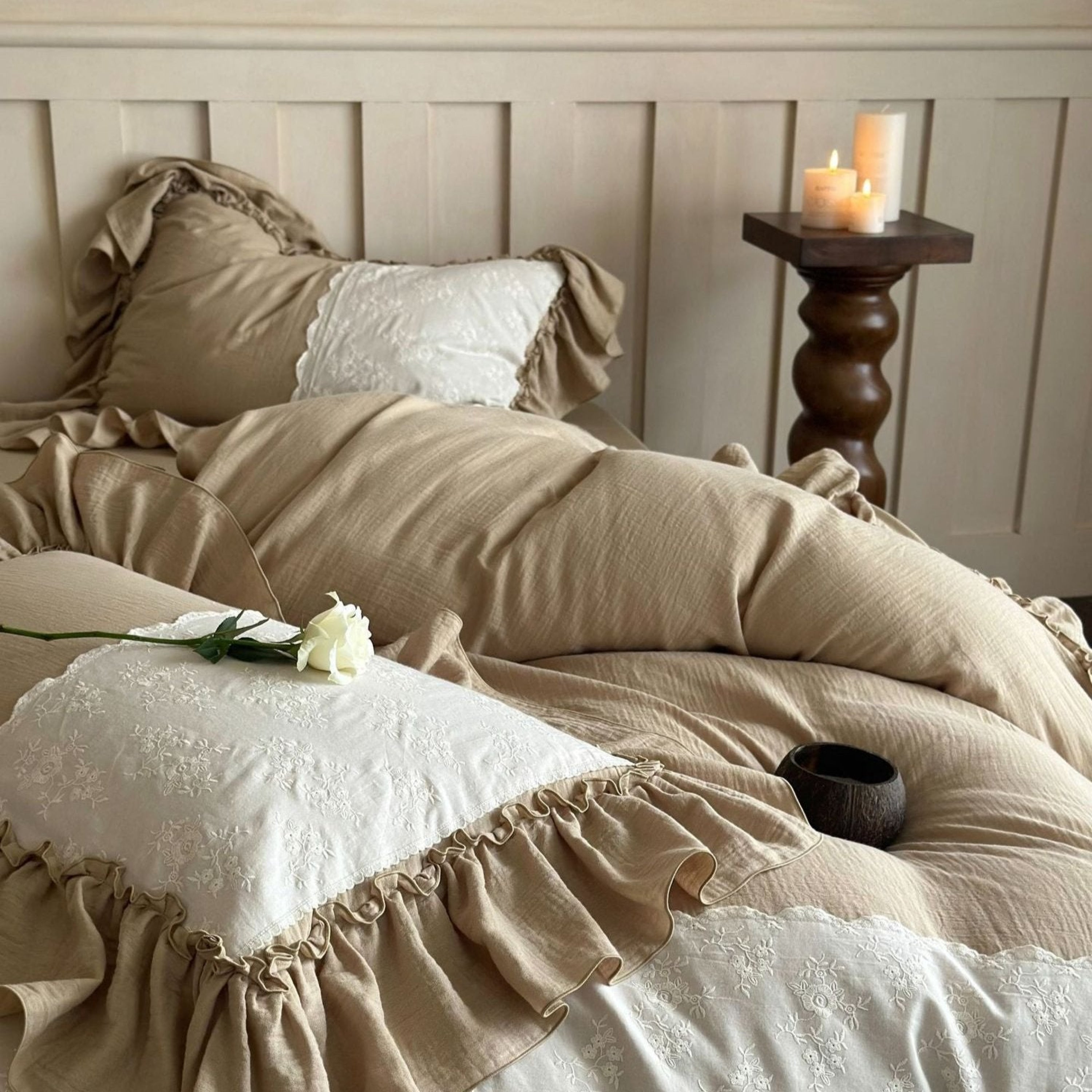 Celeste Soft Lace Embroidered Ruffle Bedding Set - Pink