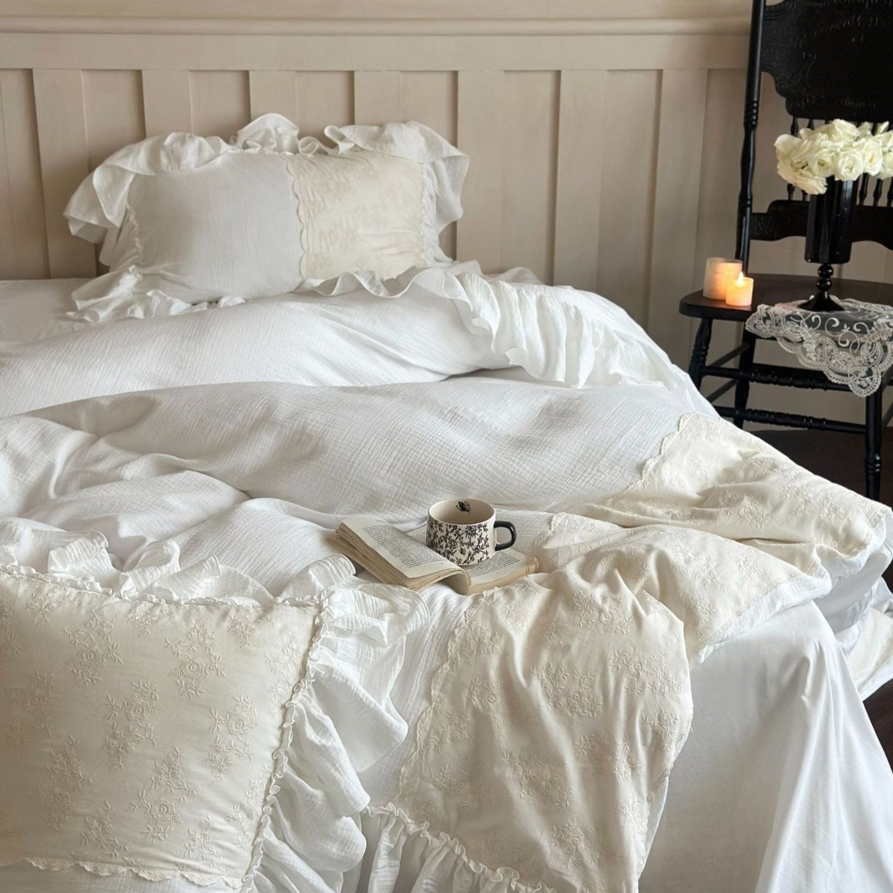 Celeste Soft Lace Embroidered Ruffle Bedding Set - Pink