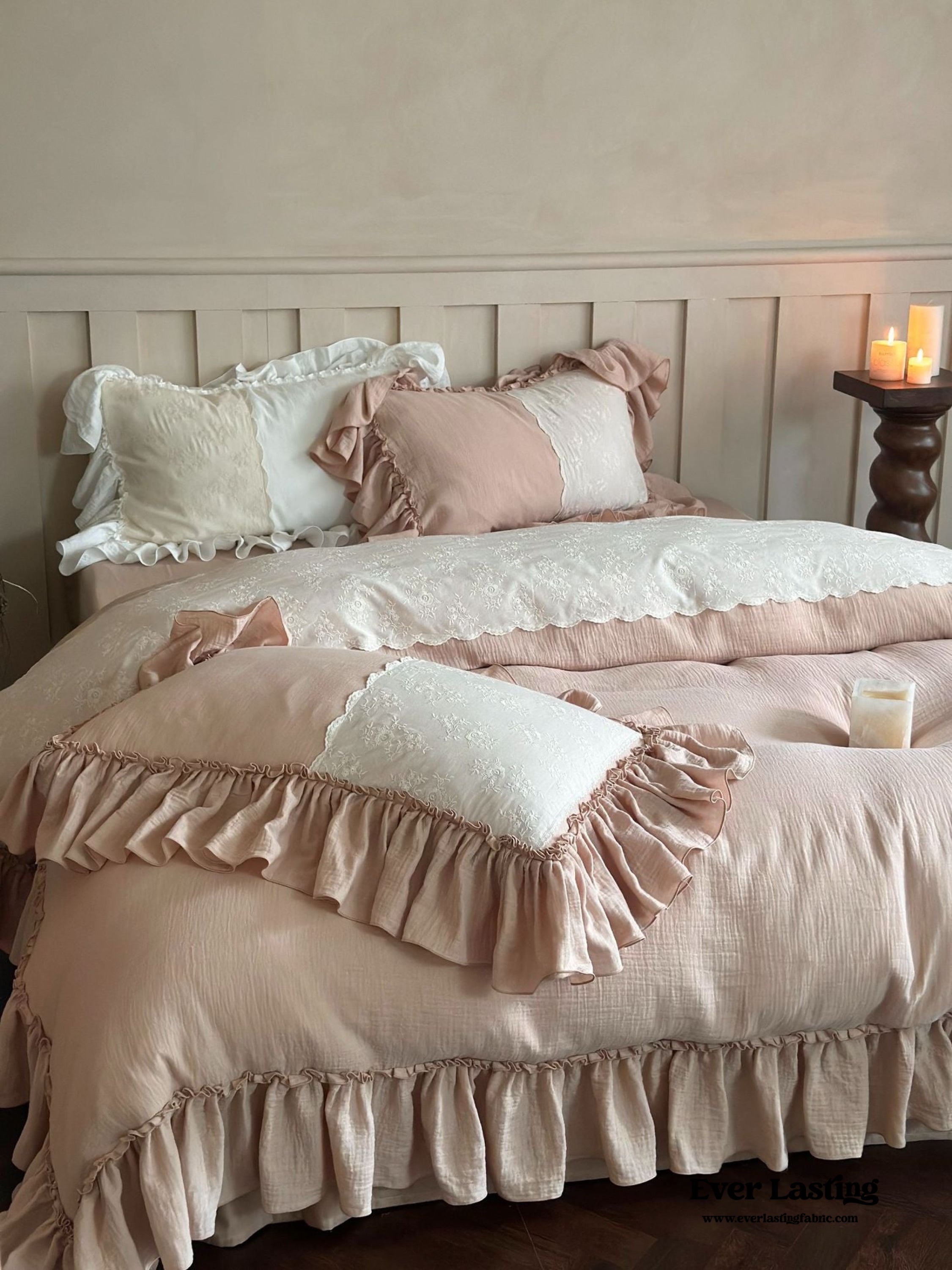 Celeste Soft Lace Embroidered Ruffle Bedding Set - White