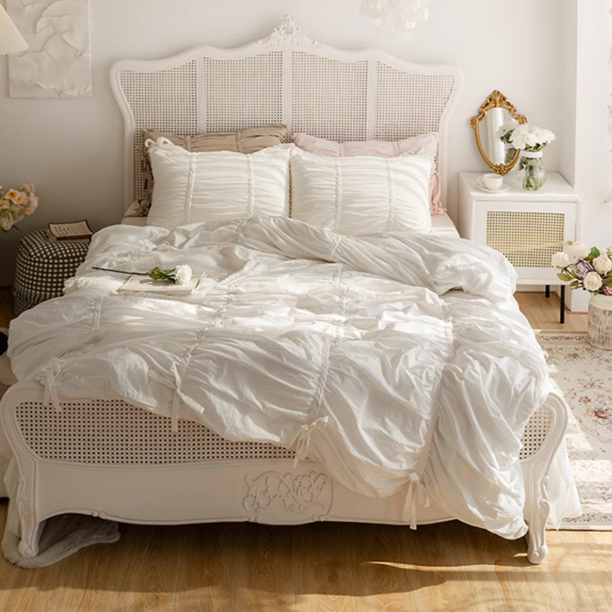 Coquette Ruffle Bedding Set with Ties - White