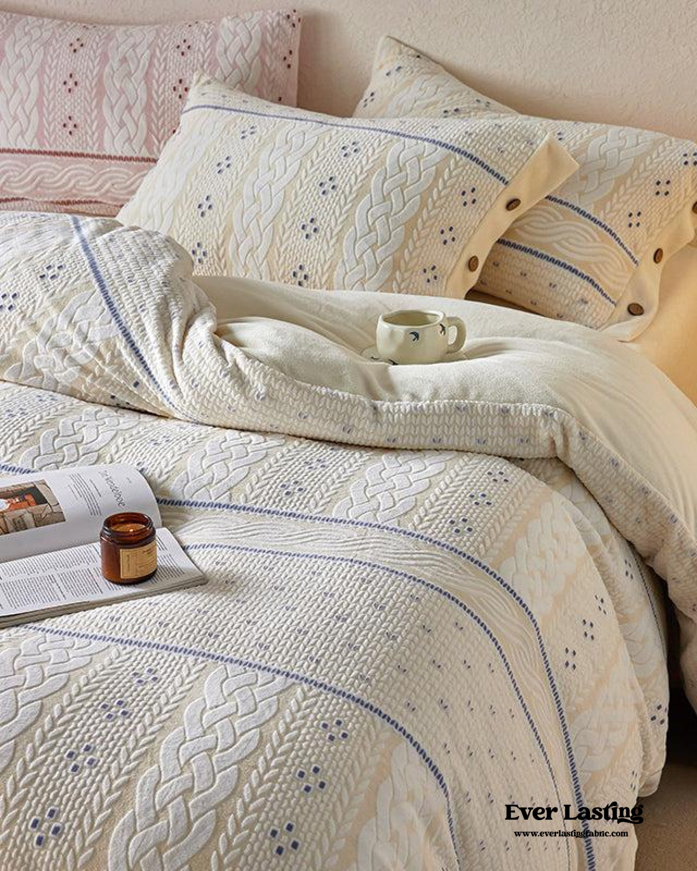 Cottage Braided Button Velvet Bedding Set - Pink