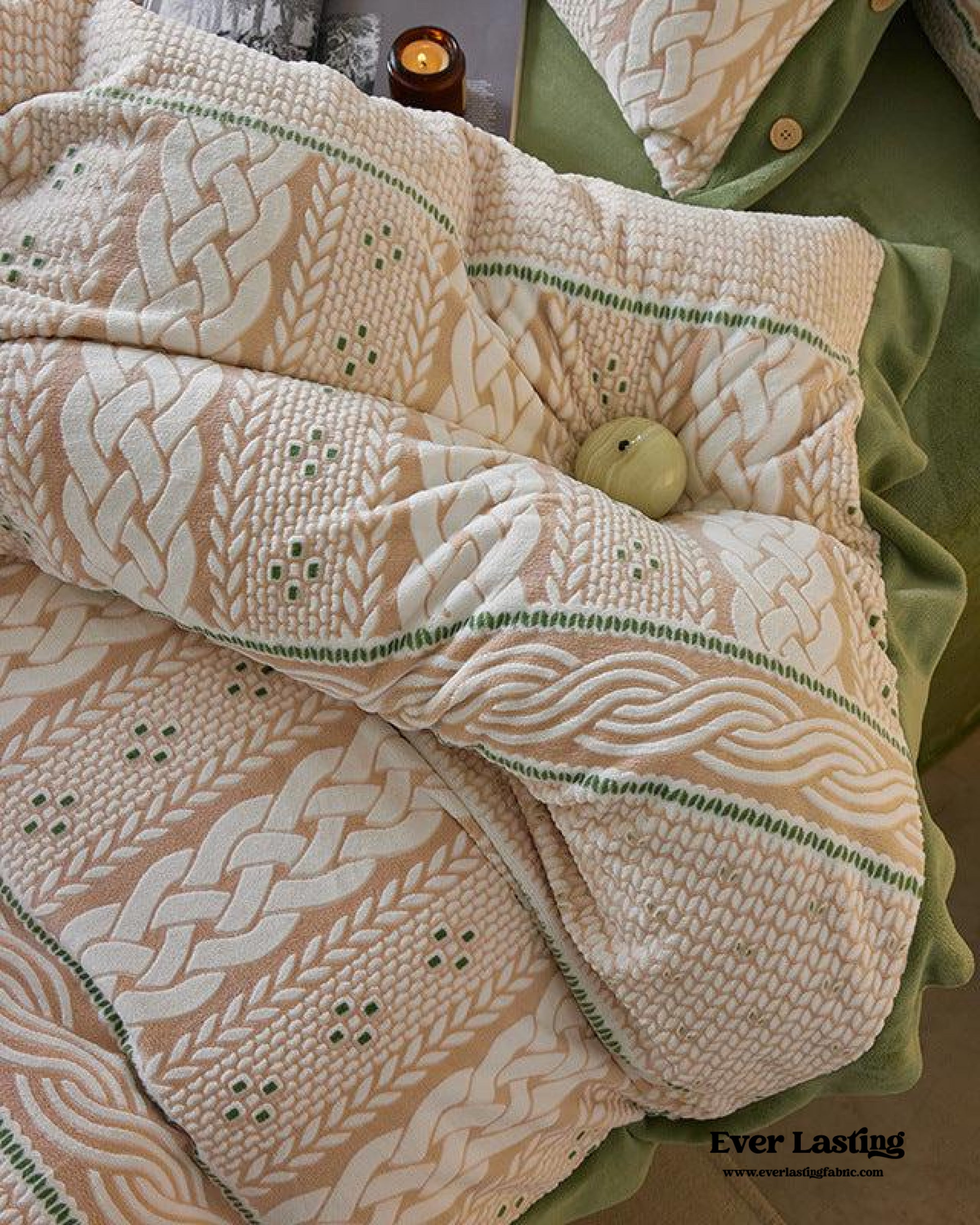 Cottage Braided Button Velvet Bedding Set - Pink