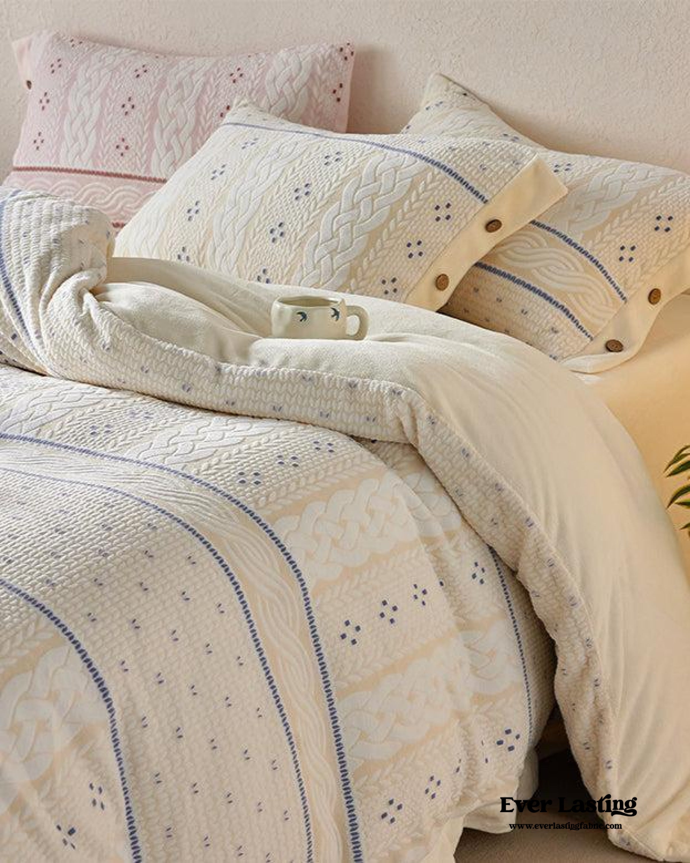 Cottage Braided Button Velvet Bedding Set - Pink