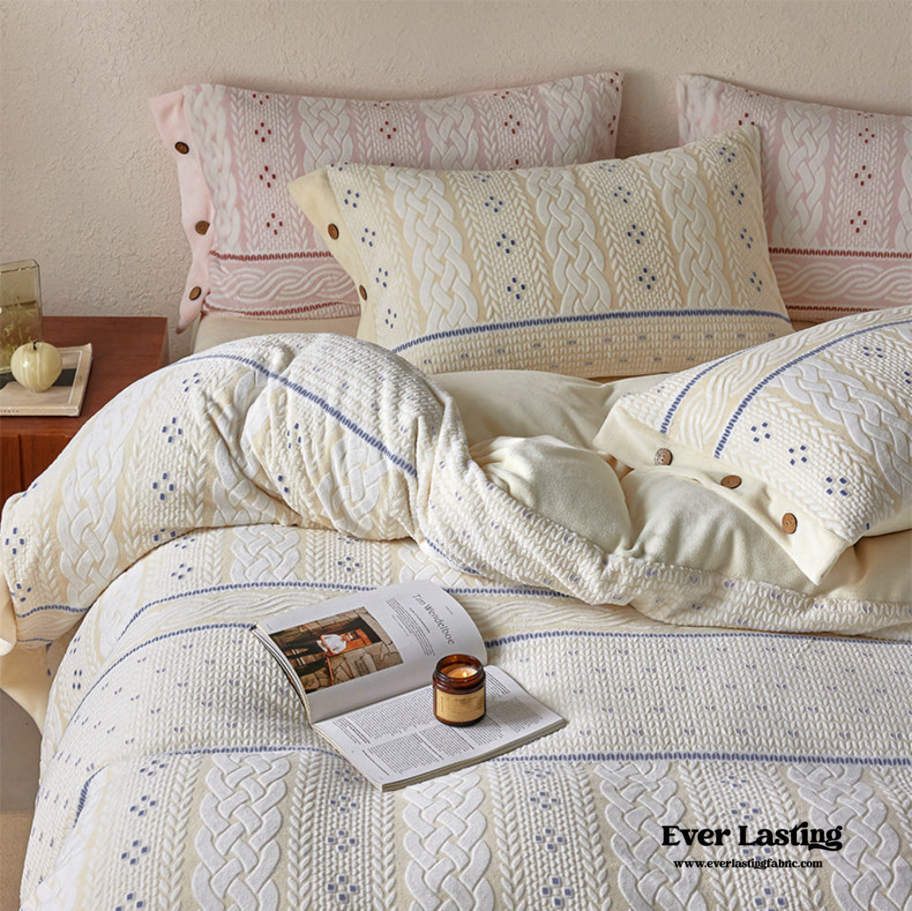 Cottage Braided Button Velvet Bedding Set - Pink