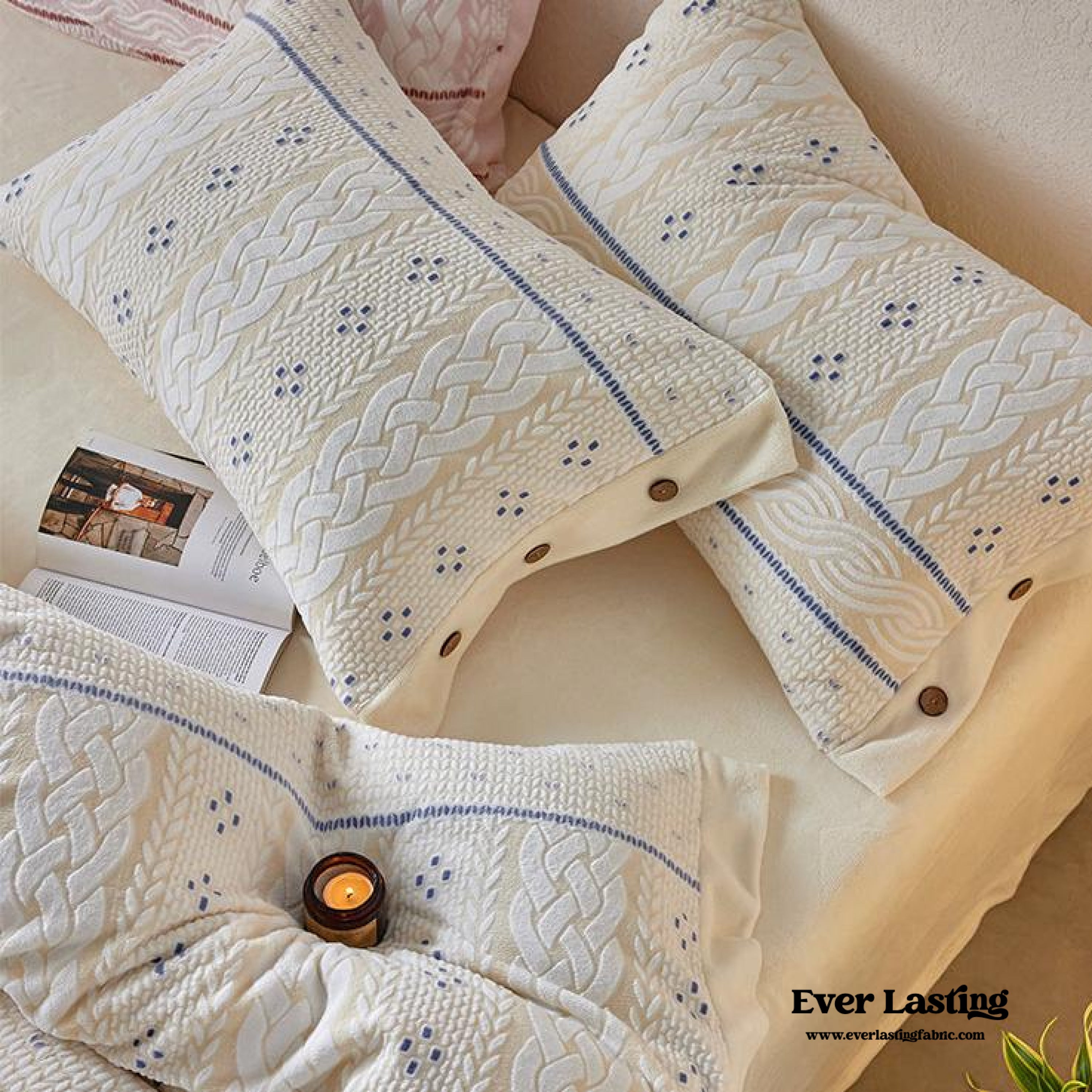 Cottage Braided Button Velvet Bedding Set - Pink