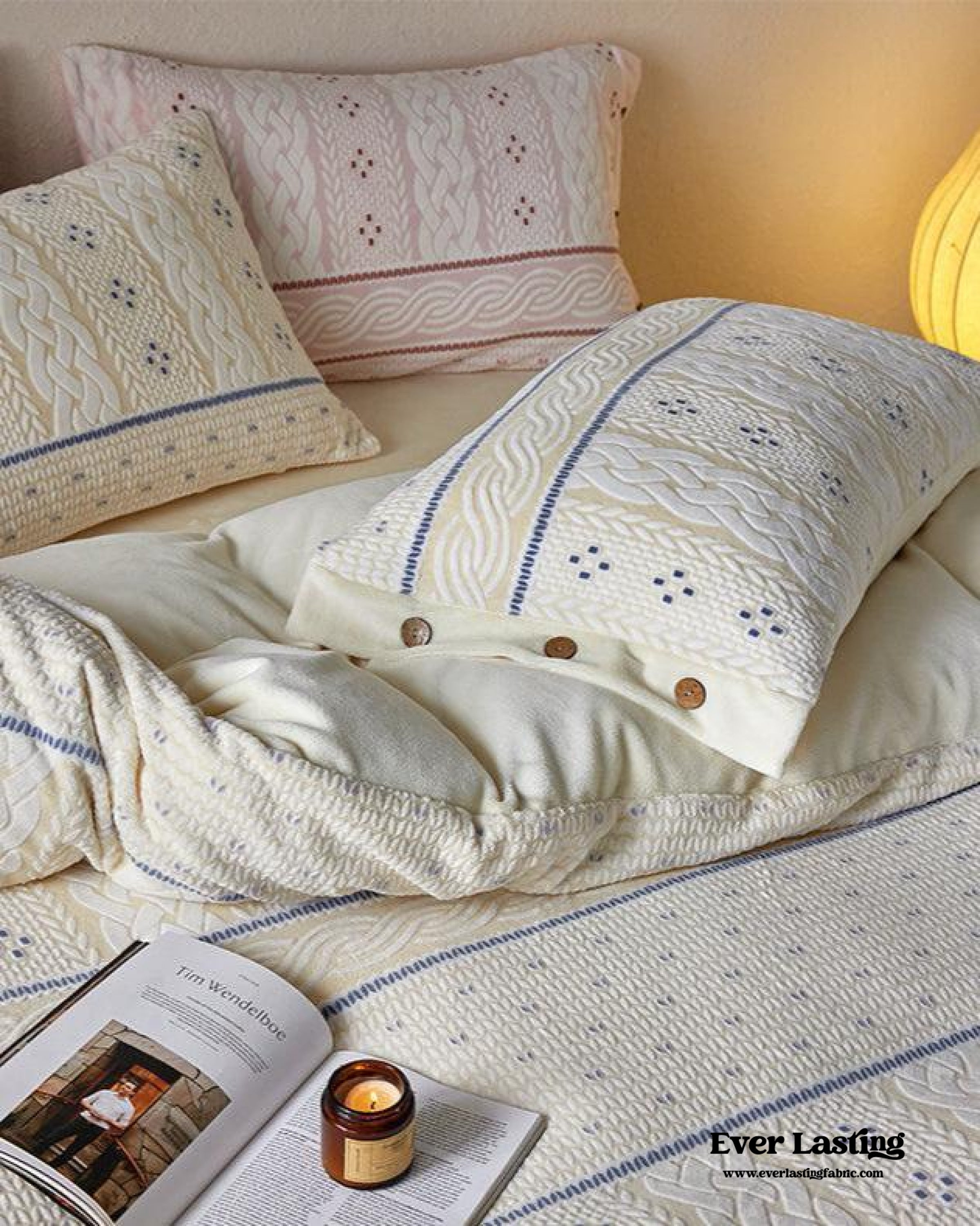 Cottage Braided Button Velvet Bedding Set - Pink