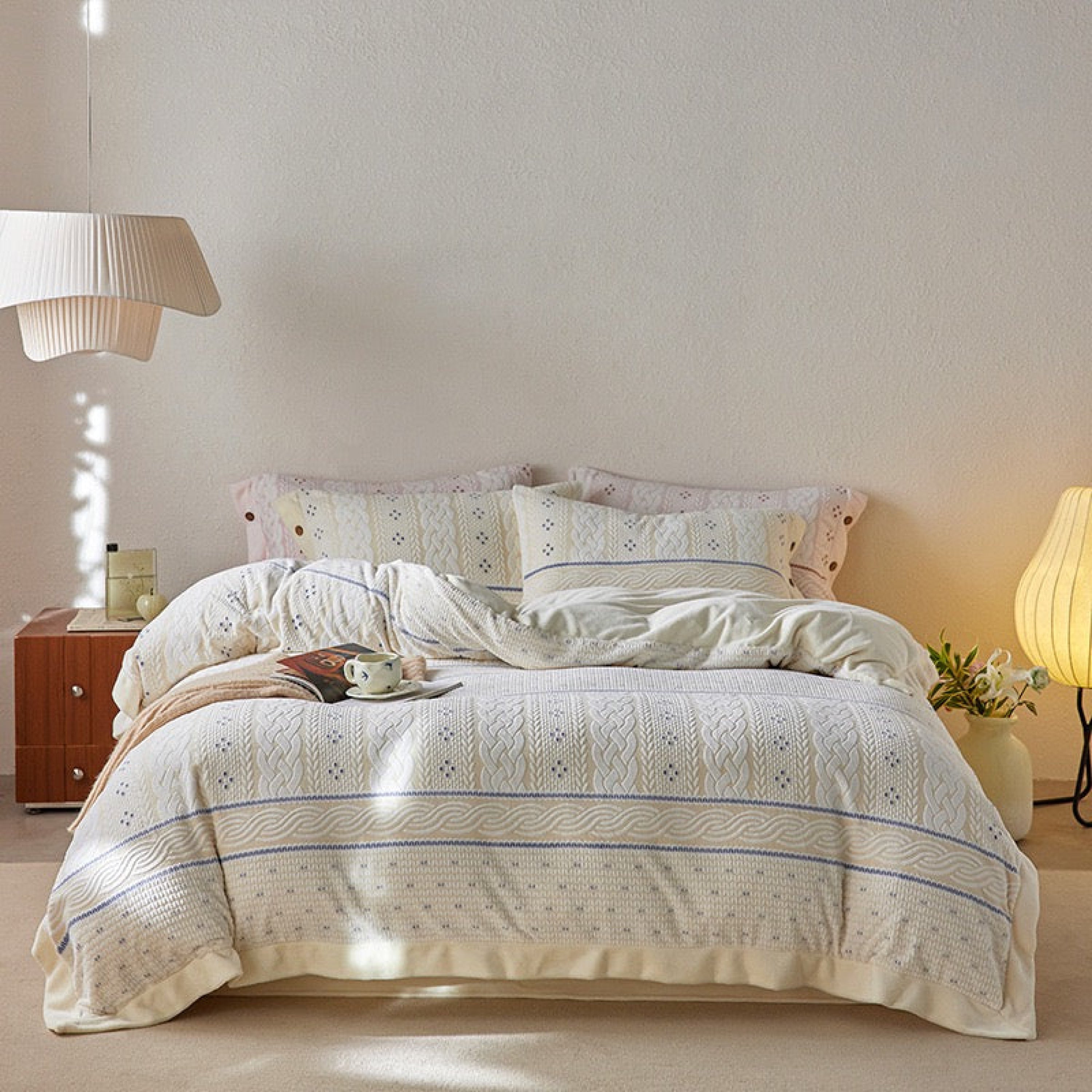 Cottage Braided Button Velvet Bedding Set - Pink