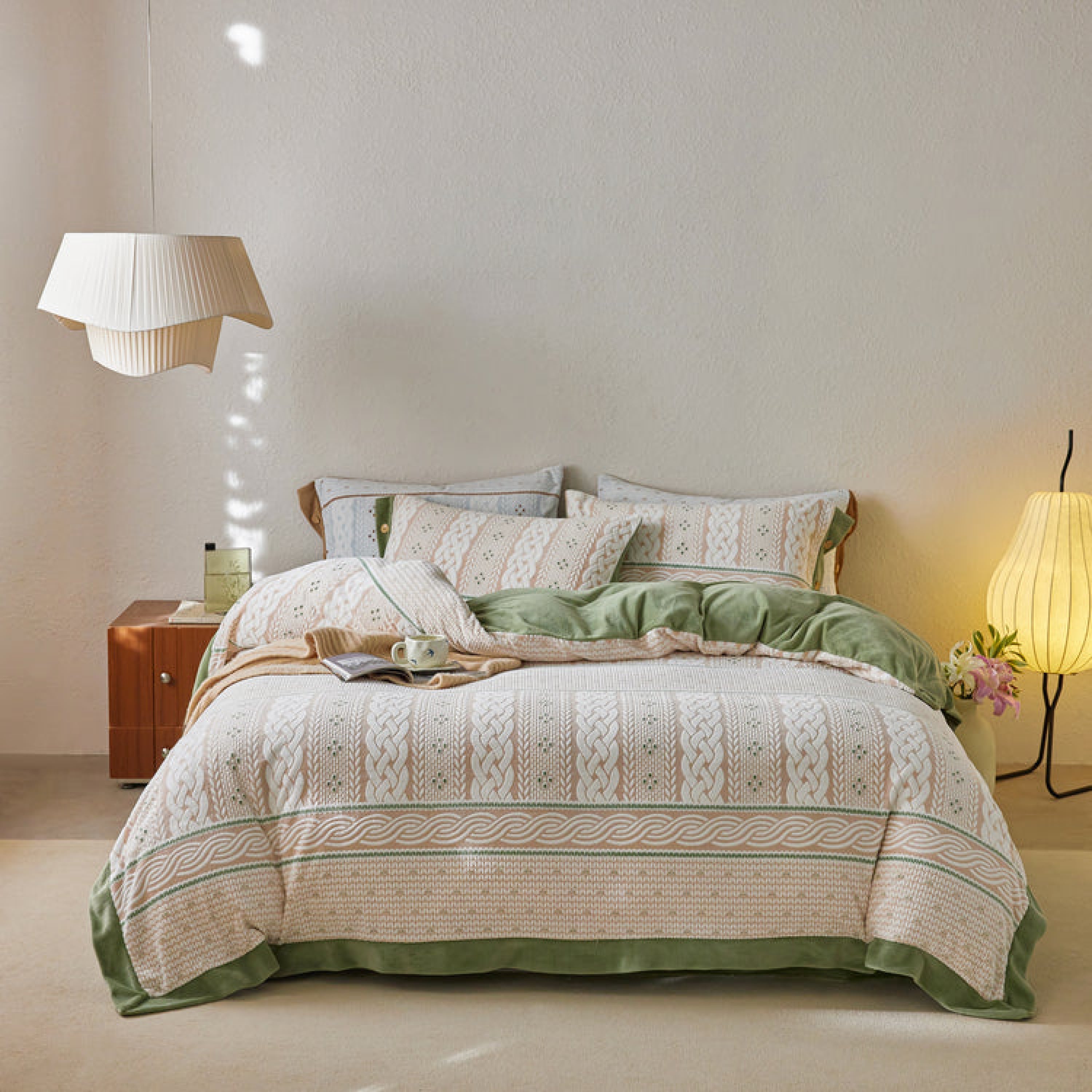 Cottage Braided Button Velvet Bedding Set - Pink