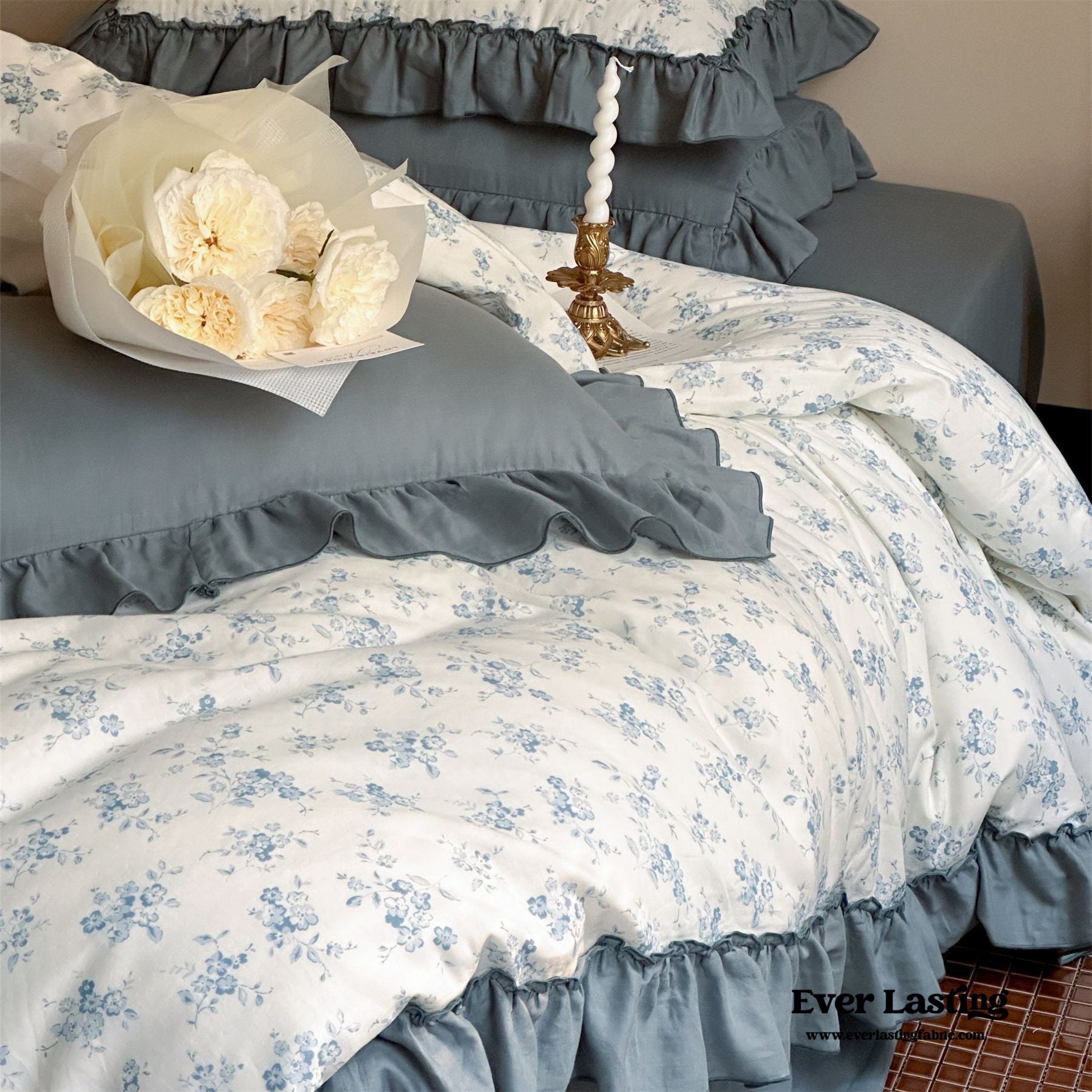 Cottage Inspired Ruffle Bedding Set - Soft Blue