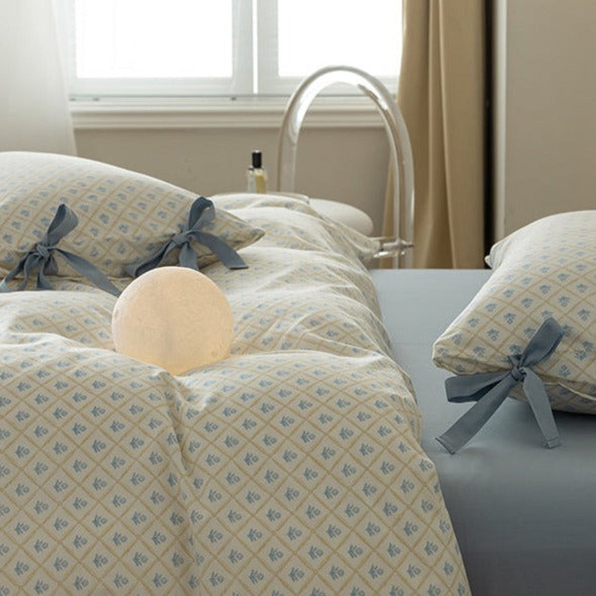 Cottage Ribbon Bow Tie Floral Bedding Set - Rose Blue