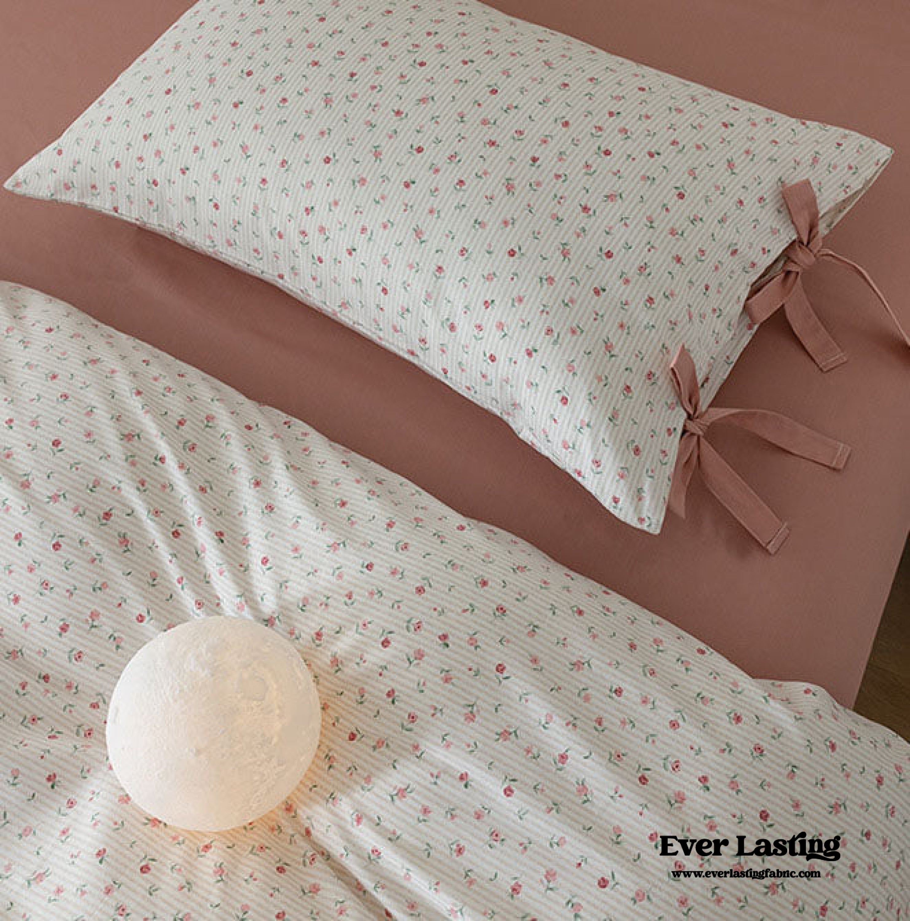 Cottage Ribbon Bow Tie Floral Bedding Set - Rust Pink
